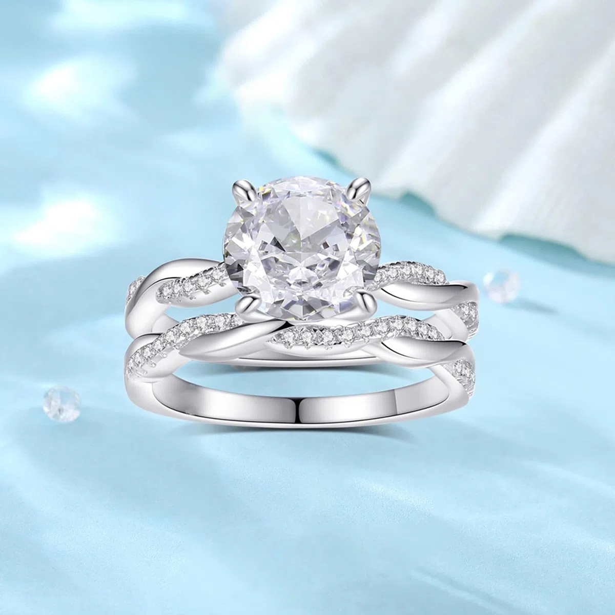 Anillo de oro blanco para mujer, anillo de compromiso, oro auténtico, moissanite, 2 quilates, apilable, juego de 2 anillos de oro para mujeres