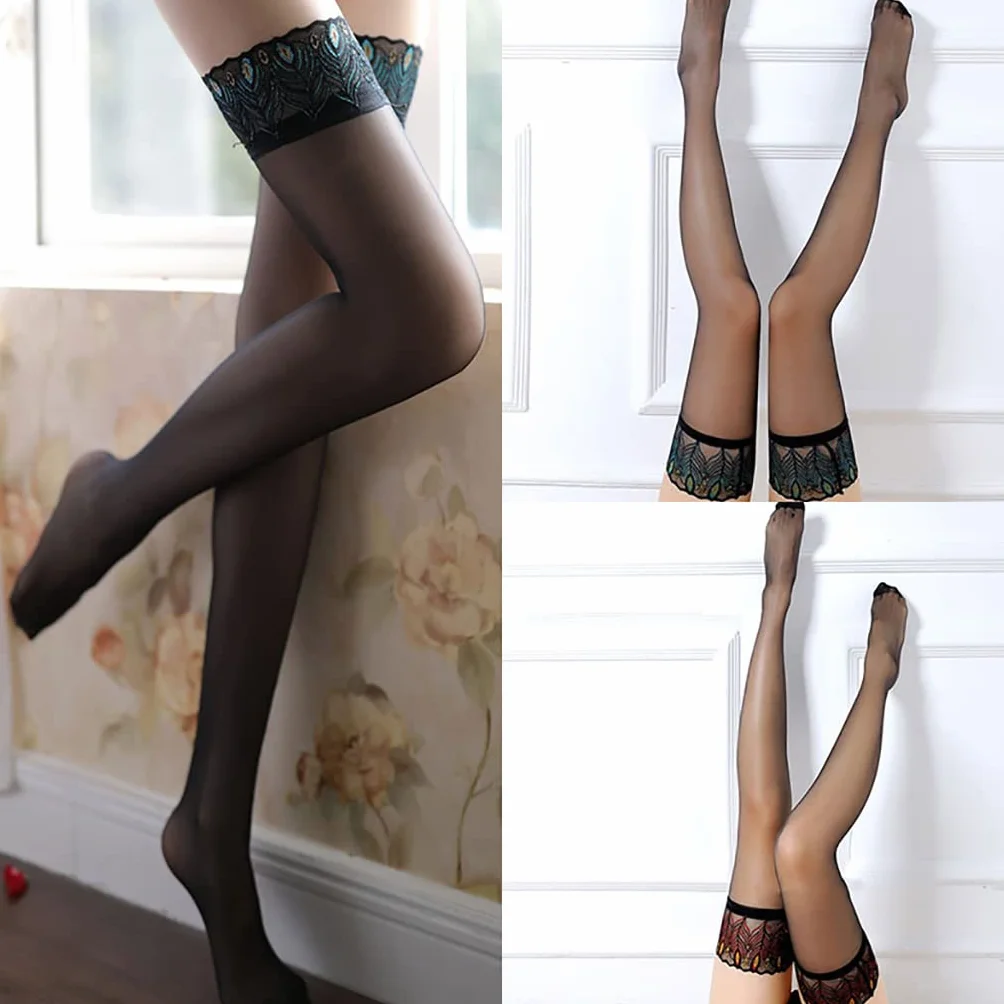 Calcetines de Seda para Mujer, sexys, ultrafinos, con Estampado de Pavo Real, Bordados, Transparentes, de Encaje, 2 Pares (Talla única Verde) (Talla única roja)