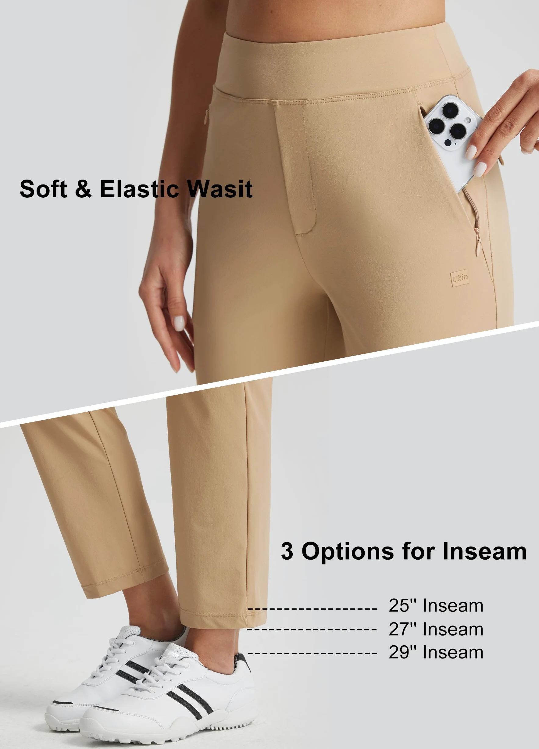 Libin Pantalones de golf para mujer, elásticos, de viaje, de cintura alta, bolsillos con cremallera, pierna recta, suaves, ligeros