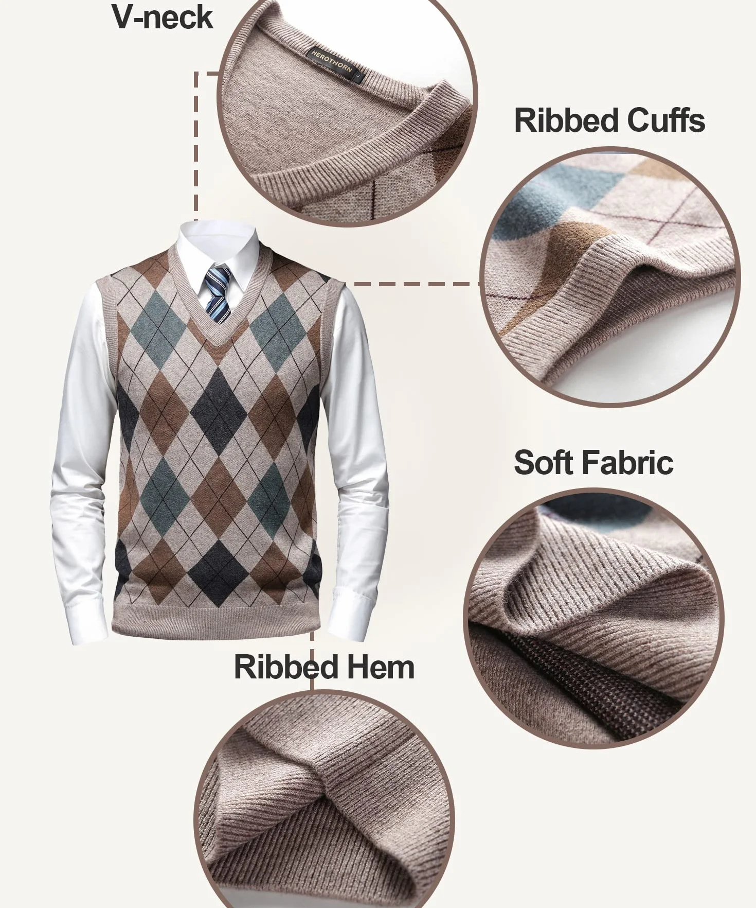 Chaleco de Punto para Hombre Argyle Suéter Cárdigan sin Mangas Jersey con Botón Gentleman Clásico Grueso Tank Tops con Cuello en V Otoño Invierno