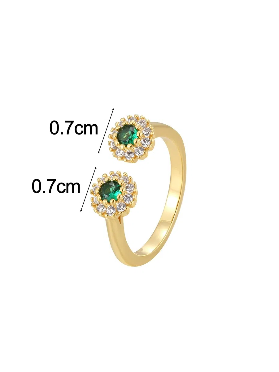 Delicado anillo para mujer, anillo de boda abierto, anillo de flores, ajustable con verde de corte redondo en laboratorio, esmeralda, oro amarillo