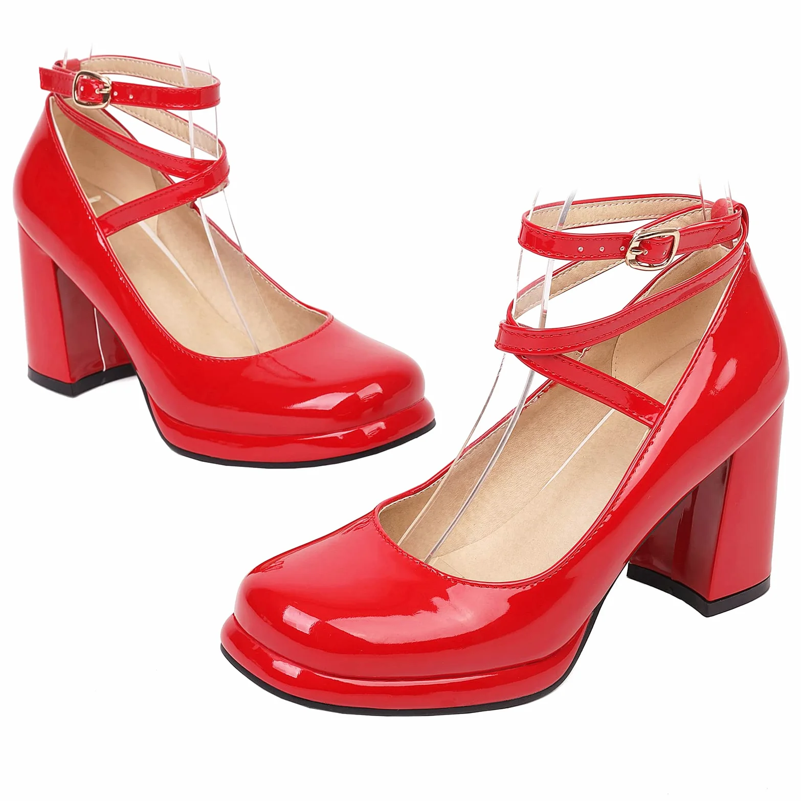 Lizoleor Zapatos Merceditas Mujer Tacon Ancho Punta Redonda Correa Tobillo Charol