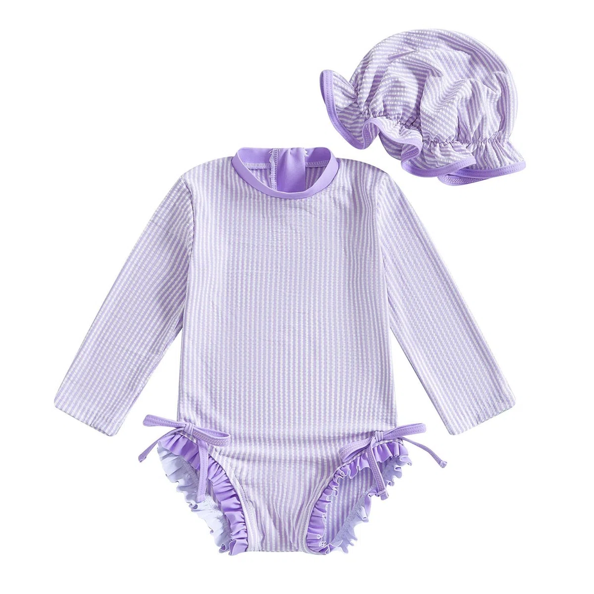 Generisch MäDchen Sunny Bañador de rayas para niñas con lazo, de dos piezas, bonito juego de gorro de baño y gorro de baño para niños pequeños, ideal para la playa de verano