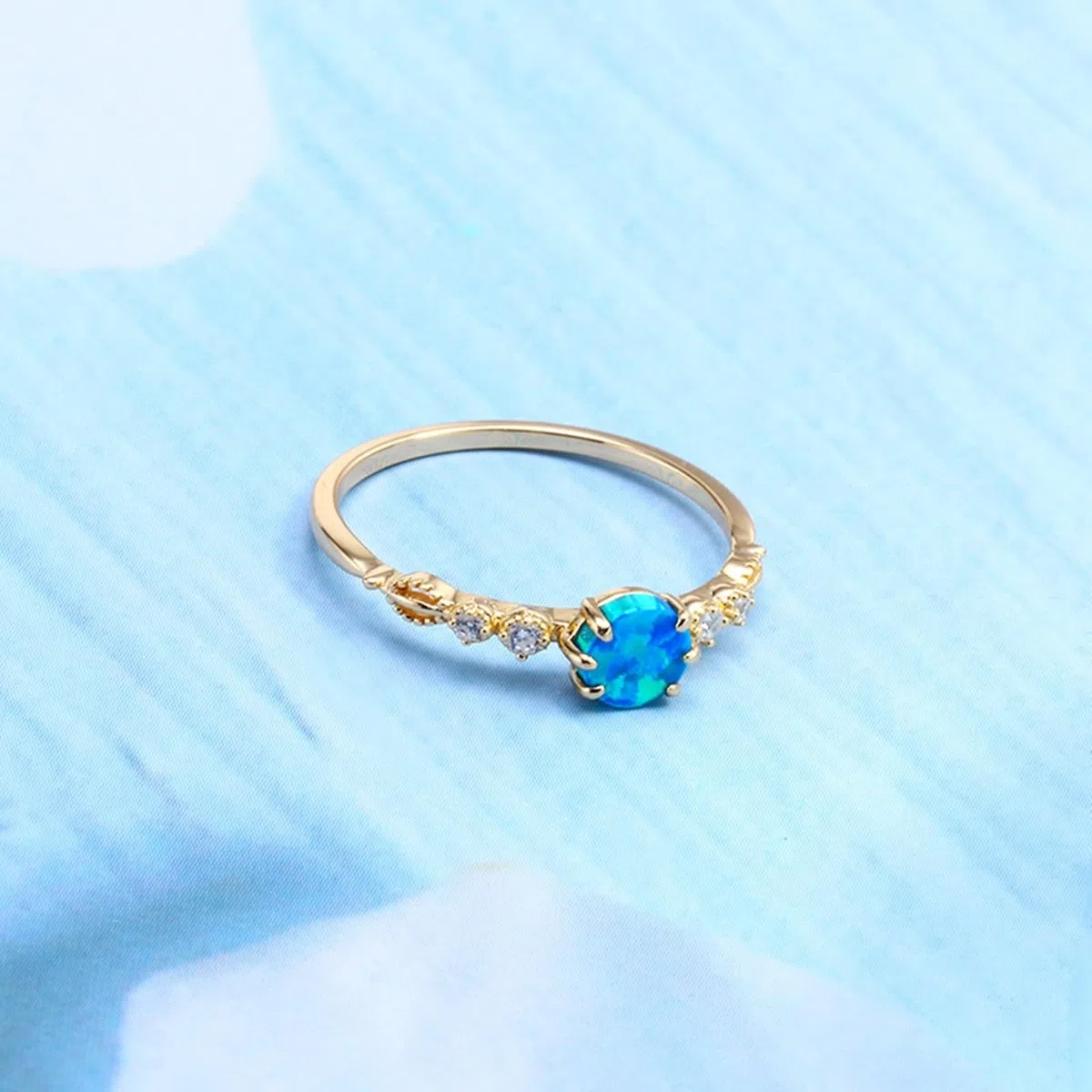 Alianzas auténticas de oro de 9 K/14 K/18 K con ópalo azul en 6 garras