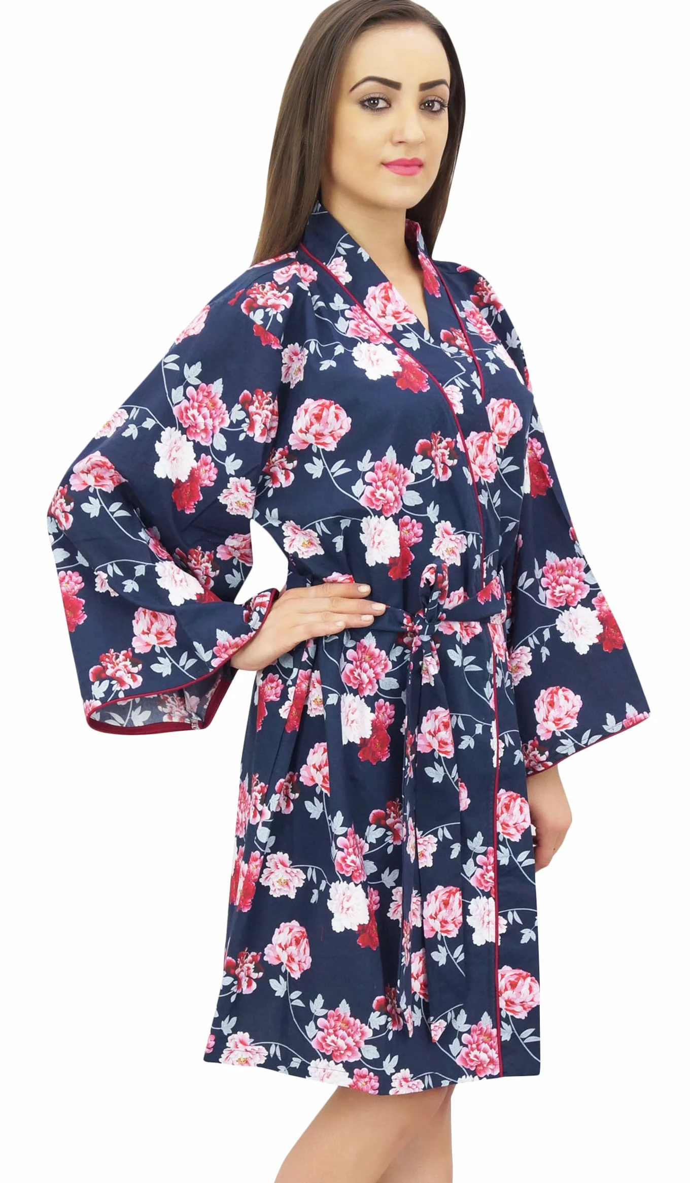 Bimba Mujeres Estampado De Flores De Algodon Popelin Kimono Coverup túnica con Belt - 36