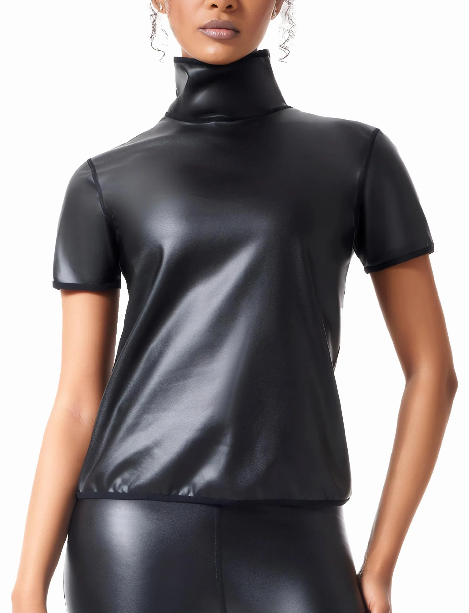 Camiseta de piel sintética para mujer, manga corta, látex, disfraz rave, aspecto mojado, XS-3XL