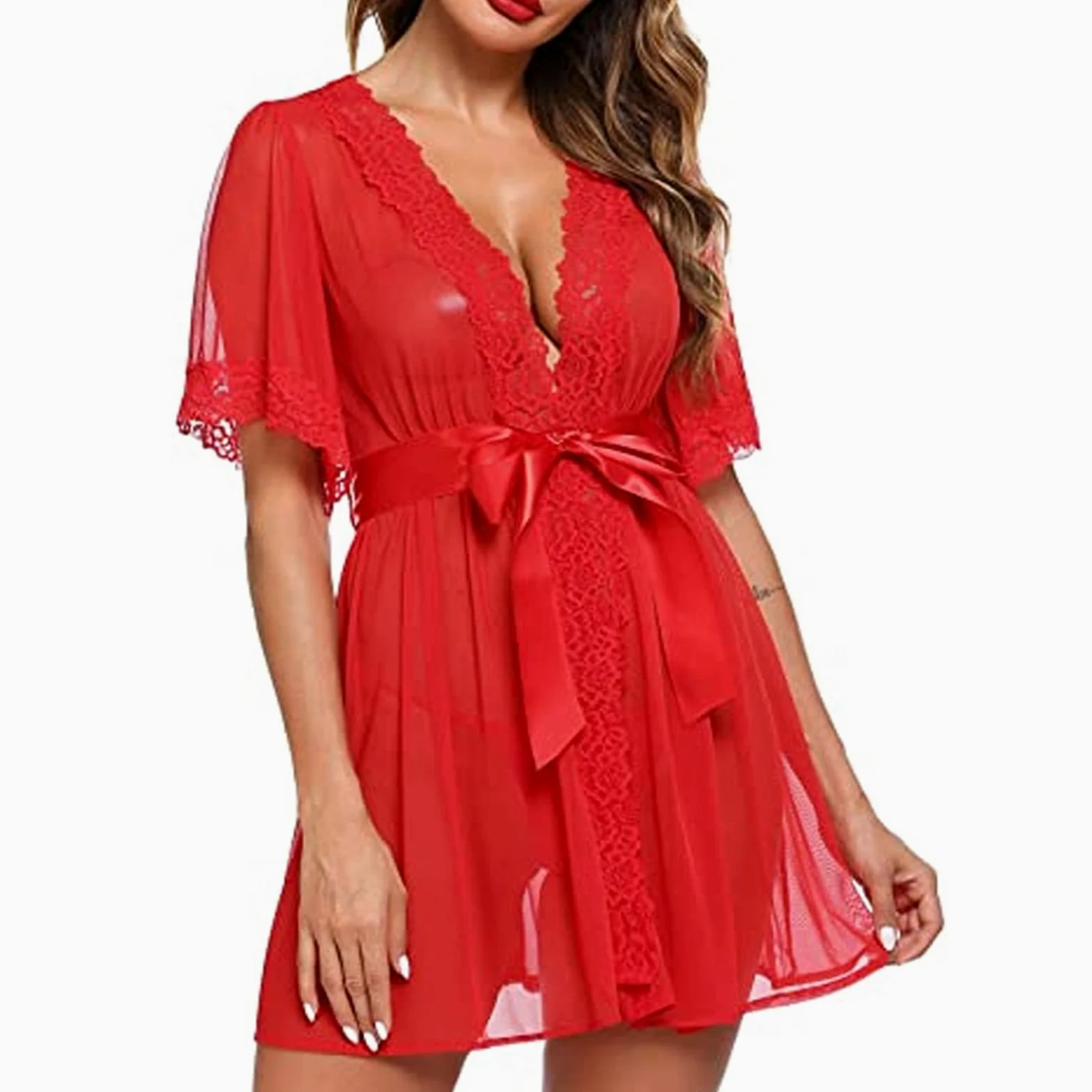CFWSHJ Lencería para Mujer Sexy con Cuello en V Profundo, Color sólido, lencería de Encaje, Manga Corta Transparente, Bata de Noche + Tangas para Novia, Esposa, Ropa de Dormir (Color: Negro, tamaño: