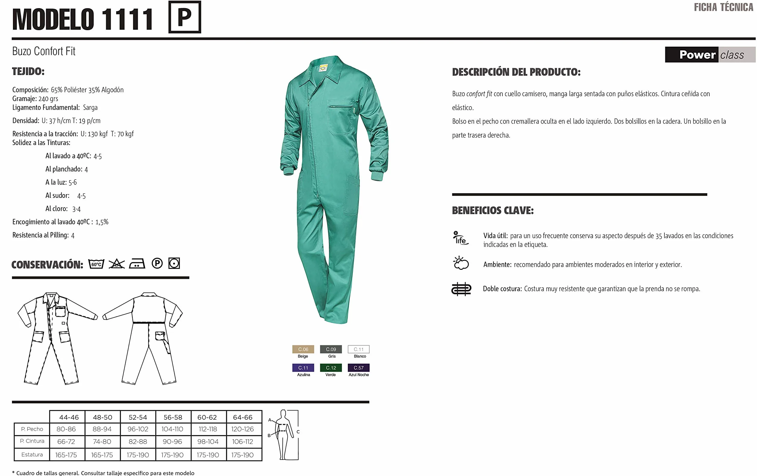 Mono de Trabajo de Hombre de Manga Larga. Puños y Cintura con Elástico. Cómodo y Resistente con Costuras Dobles. Ref: 1111.