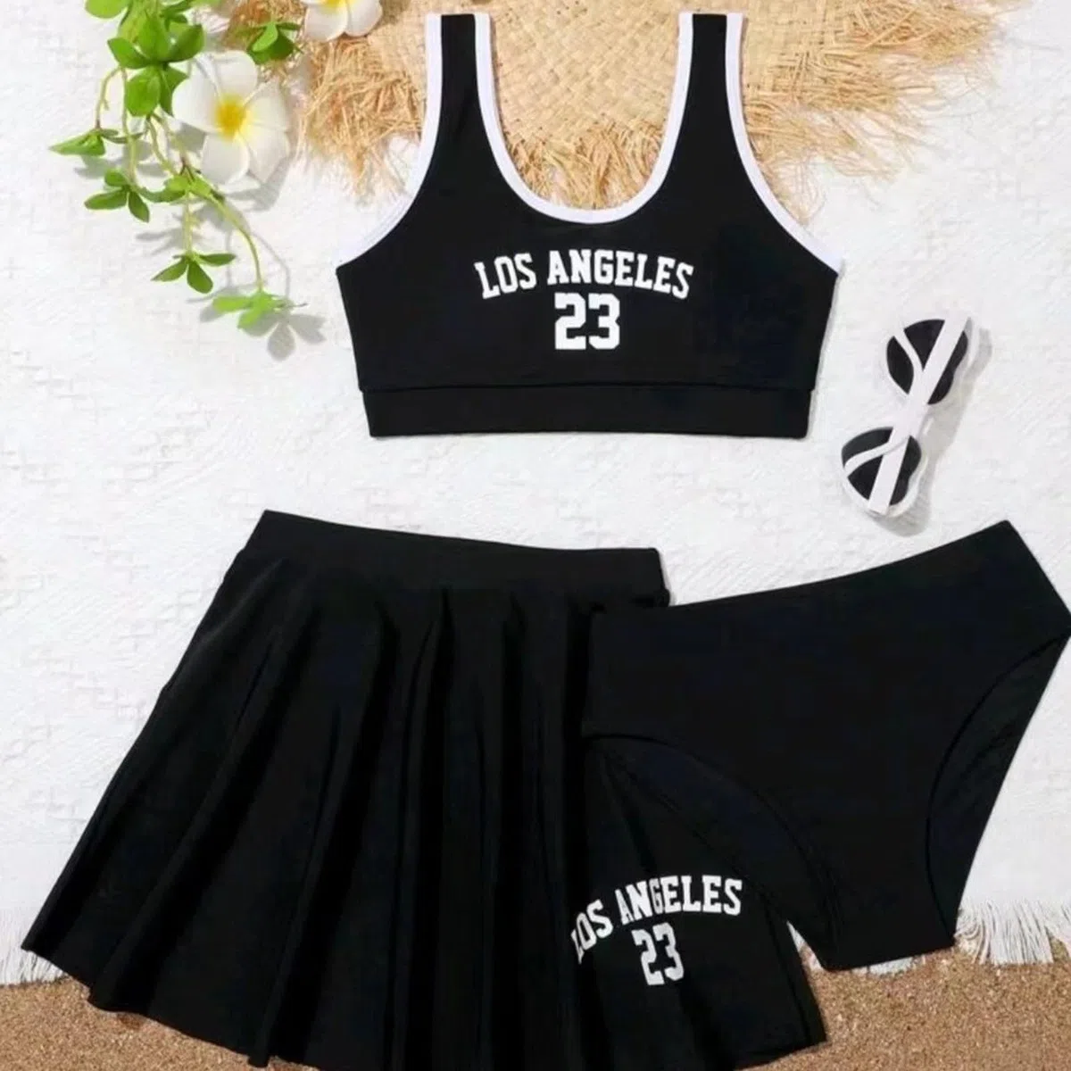 Traje de baño para niña de 3 piezas de bikini de playa para niñas con pantalones, juego de ropa de baño informal de verano