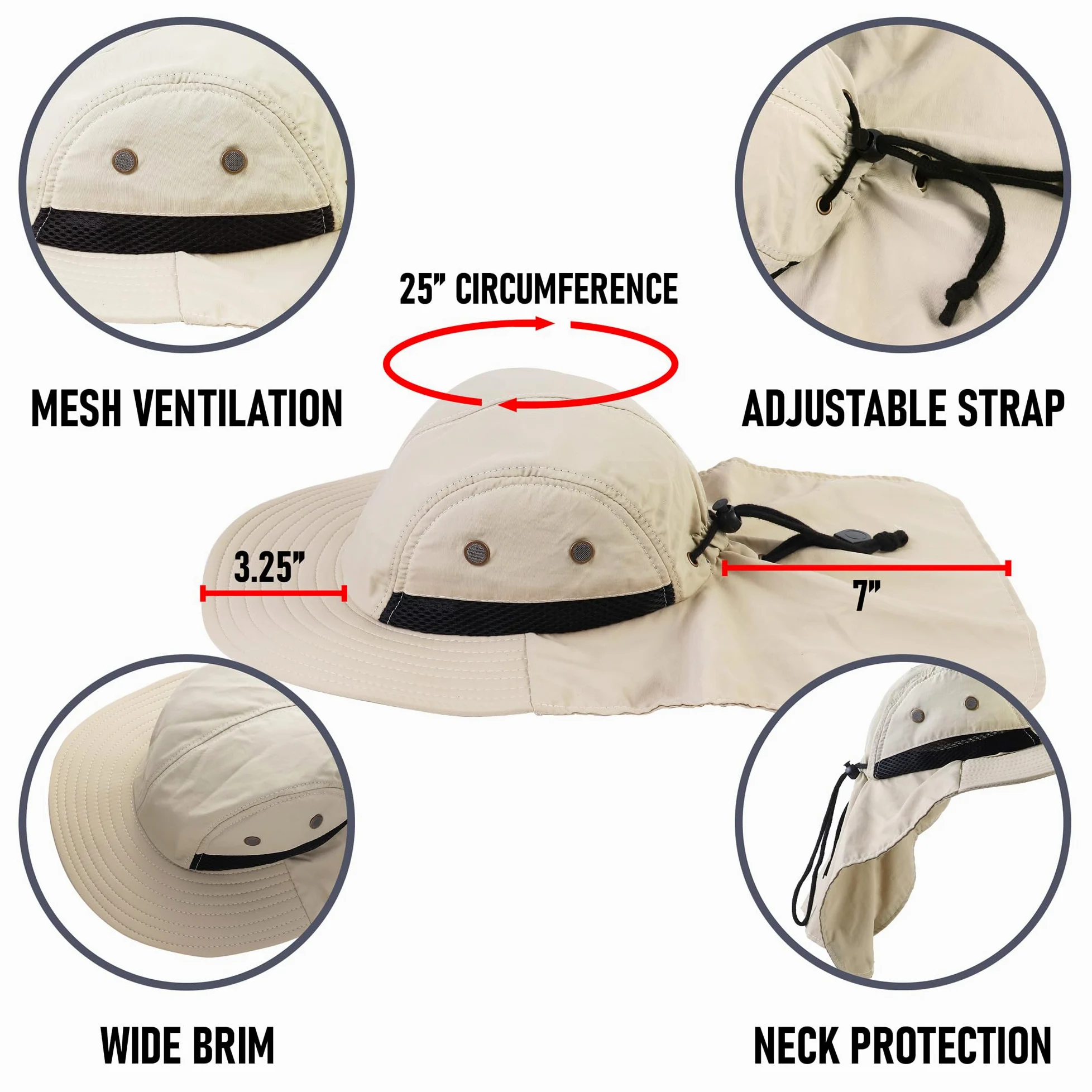 Falari Sombrero de sol para exteriores, ala ancha con solapa para el cuello, sombrero de safari, senderismo, jardinería, pesca