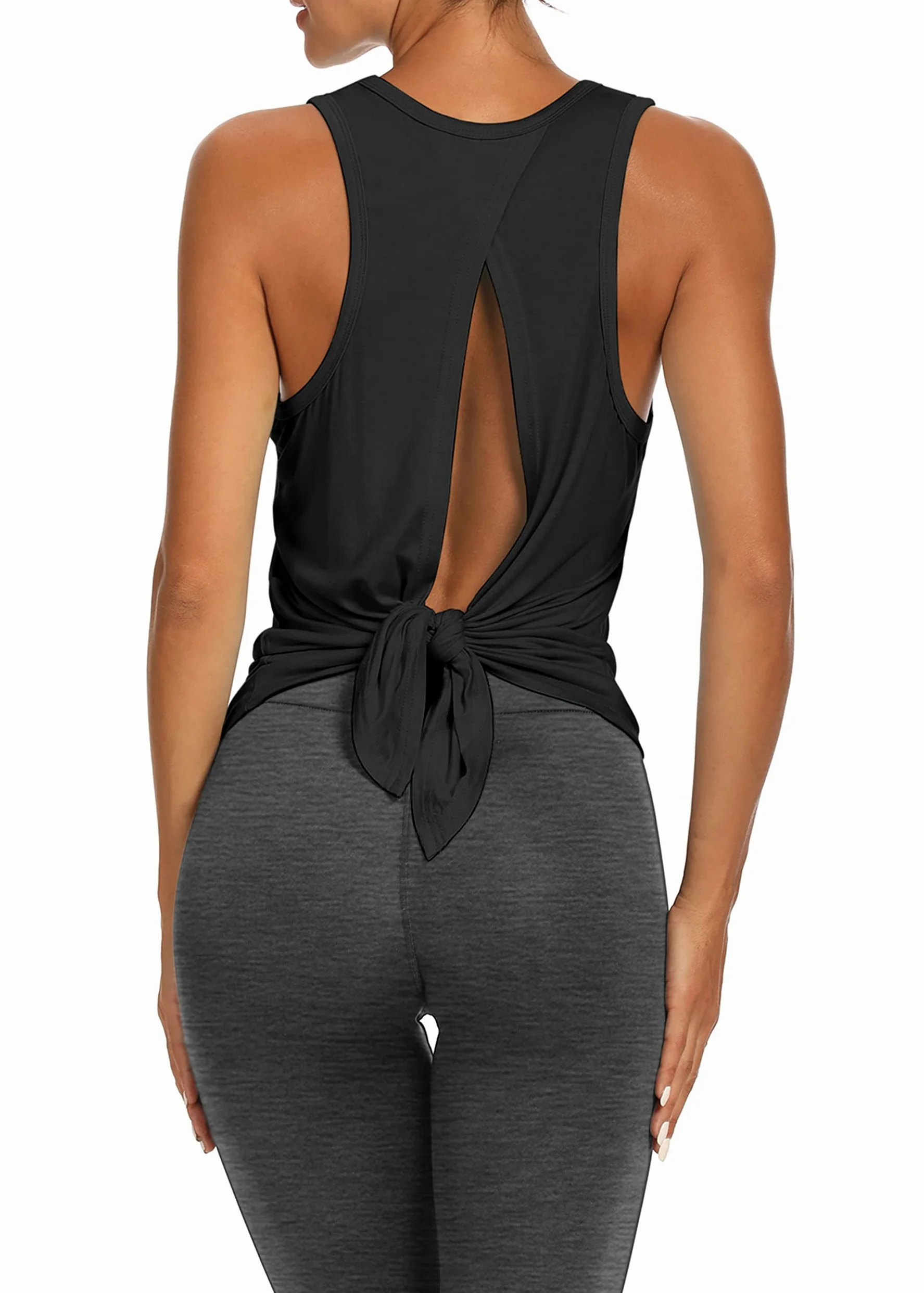 Bestisun Camisetas de entrenamiento con espalda abierta, ropa atlética para gimnasio, camiseta sin mangas para mujer, Negro -, Large