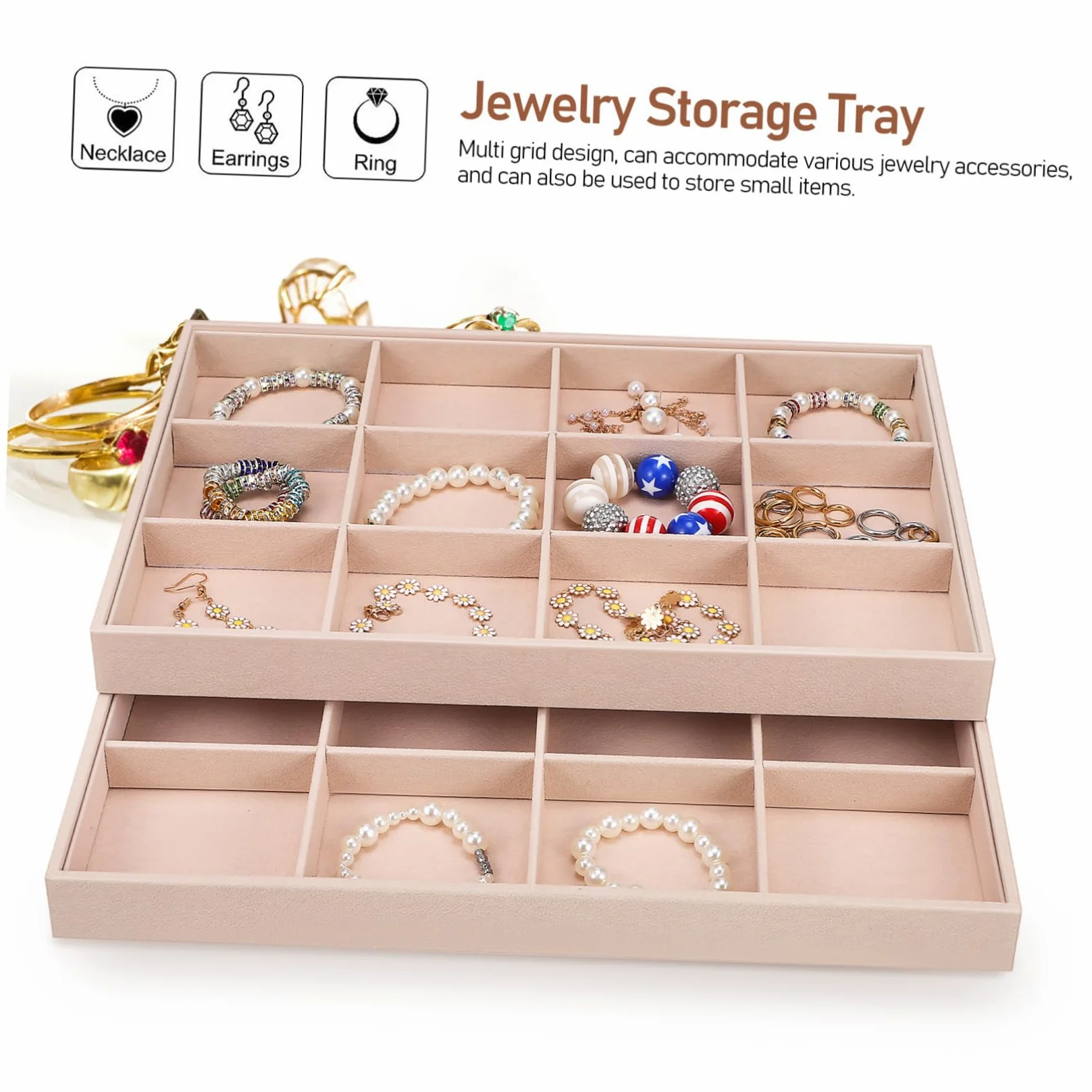 COLLBATH Bandejas para Joyas Terciopelo 12 Compartimentos Organizador de Joyería para Collares y Anillos Uso Personal y Exhibición 2 Unidades Apilables