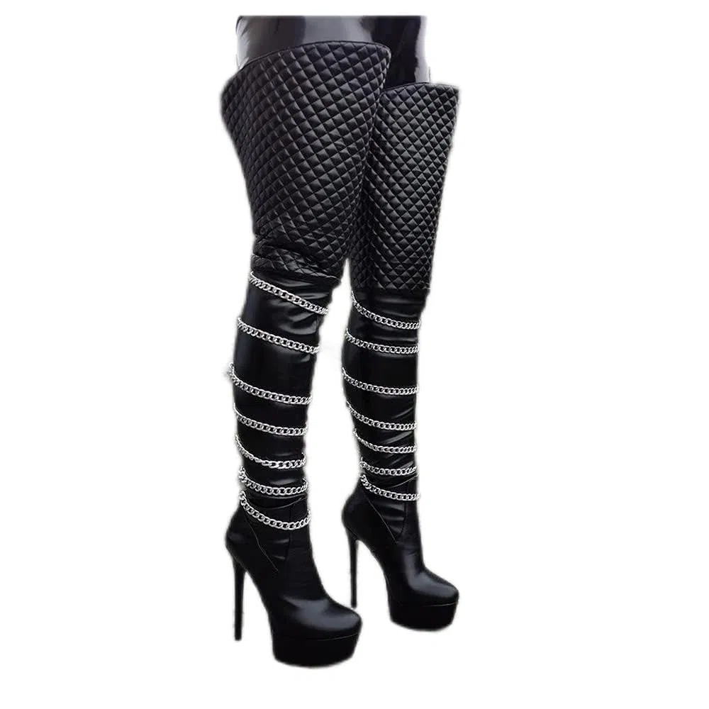 Botas De Tacón De Aguja para Mujer sobre La Rodilla, Botas De Plataforma Altas hasta El Muslo, Largas Y Anchas, Zapatos De Club De Combate Góticos para Mujer,Black-36