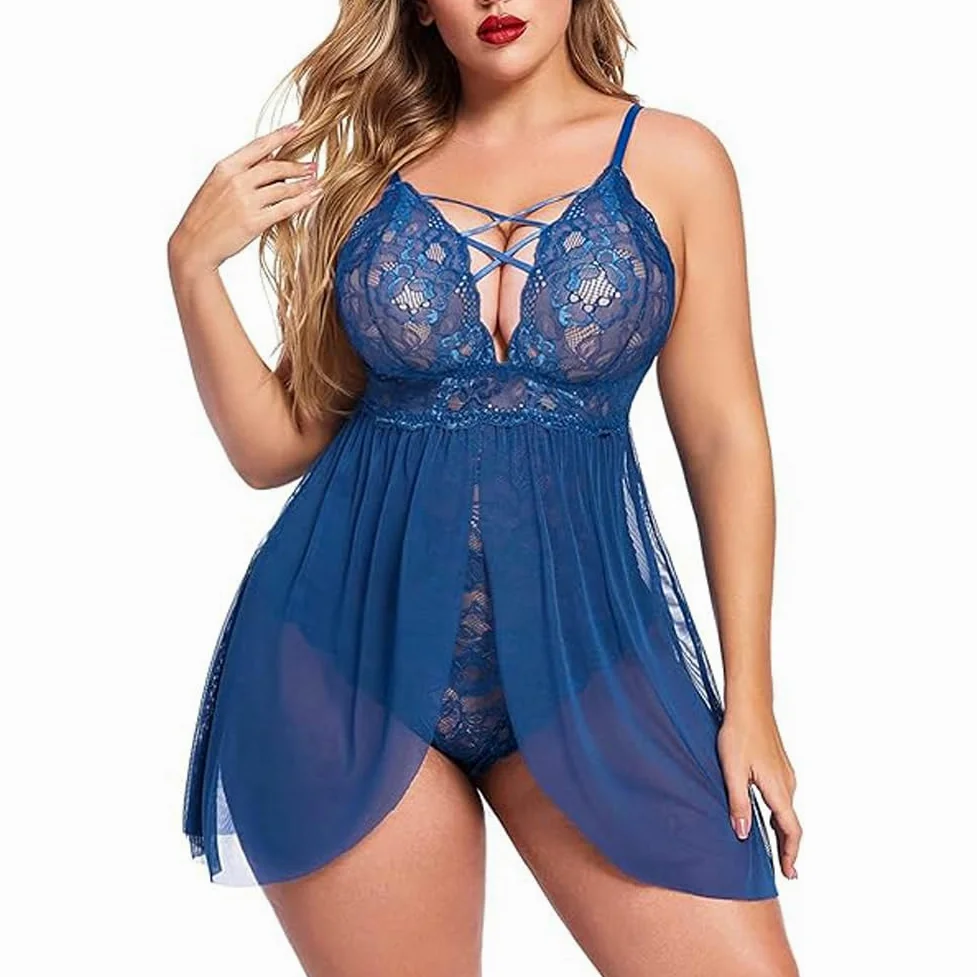 XHYRHTS Babydoll de lencería Sexy de Talla Grande para Mujer, camisón de Encaje, Ropa Interior de negligé, Ropa de Dormir de una Pieza, camisón para Mujer