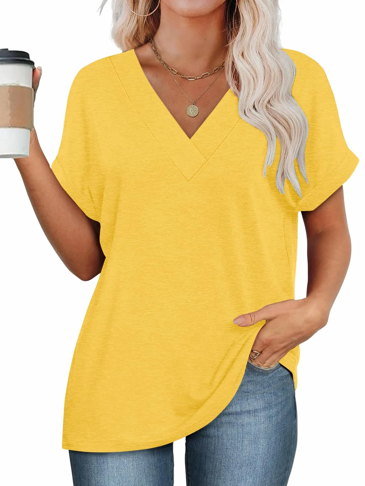 Cuptacc Camiseta Mujer Manga Corta Cuello en V Blusas Mujer Verano Elegantes Suelto Básica Top