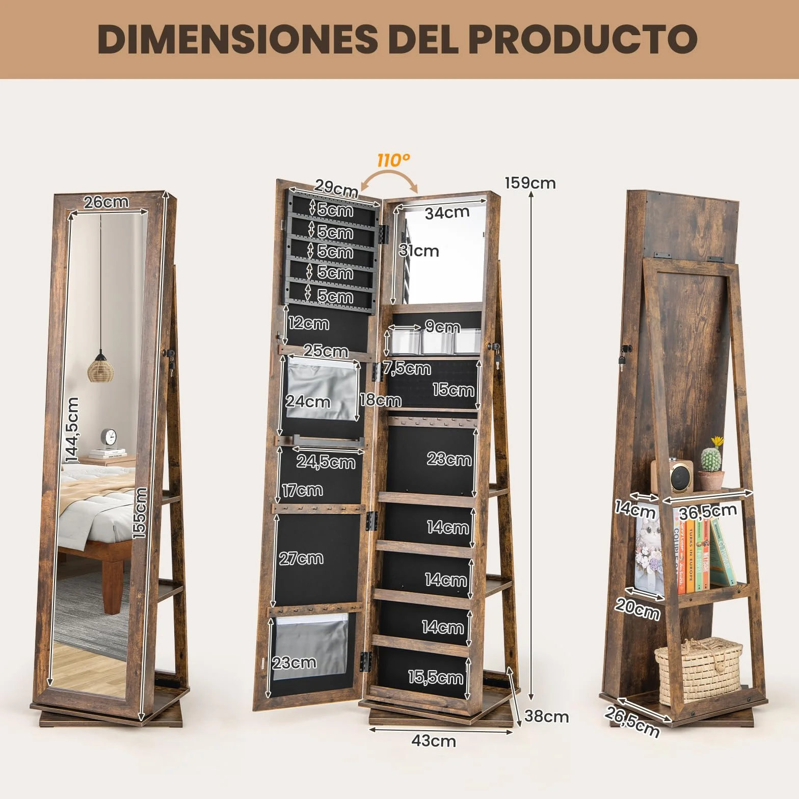 COSTWAY Armario para Joyas Giratorio 360°, Espejo Joyero de Pie con Estantes Traseros, Espejo de Maquillaje Integrado, 3 Cajas y 2 Bolsillos con Cremallera para Dormitorio (Marrón)