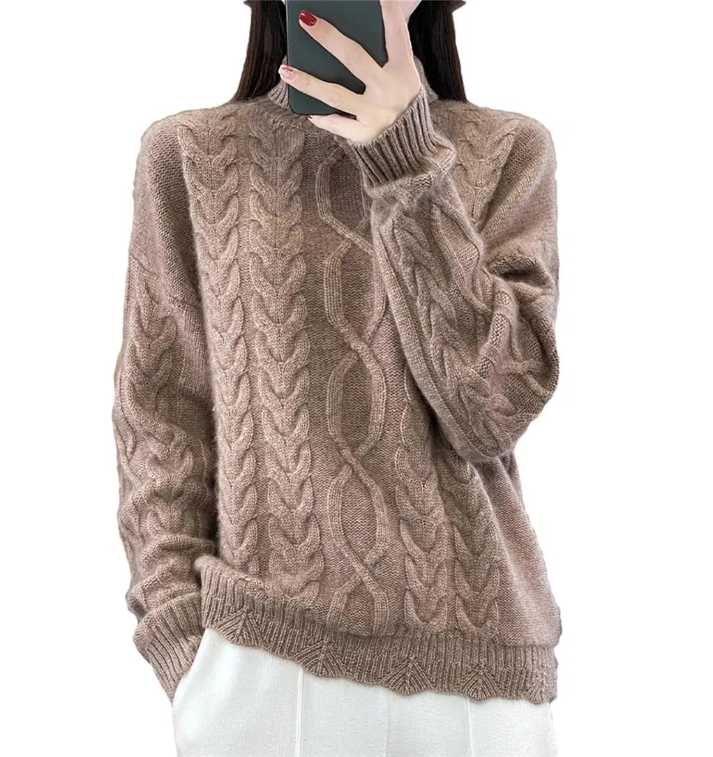 Dninmim Suéter de punto trenzado de cuello alto para mujer, suéter suelto de lana gruesa