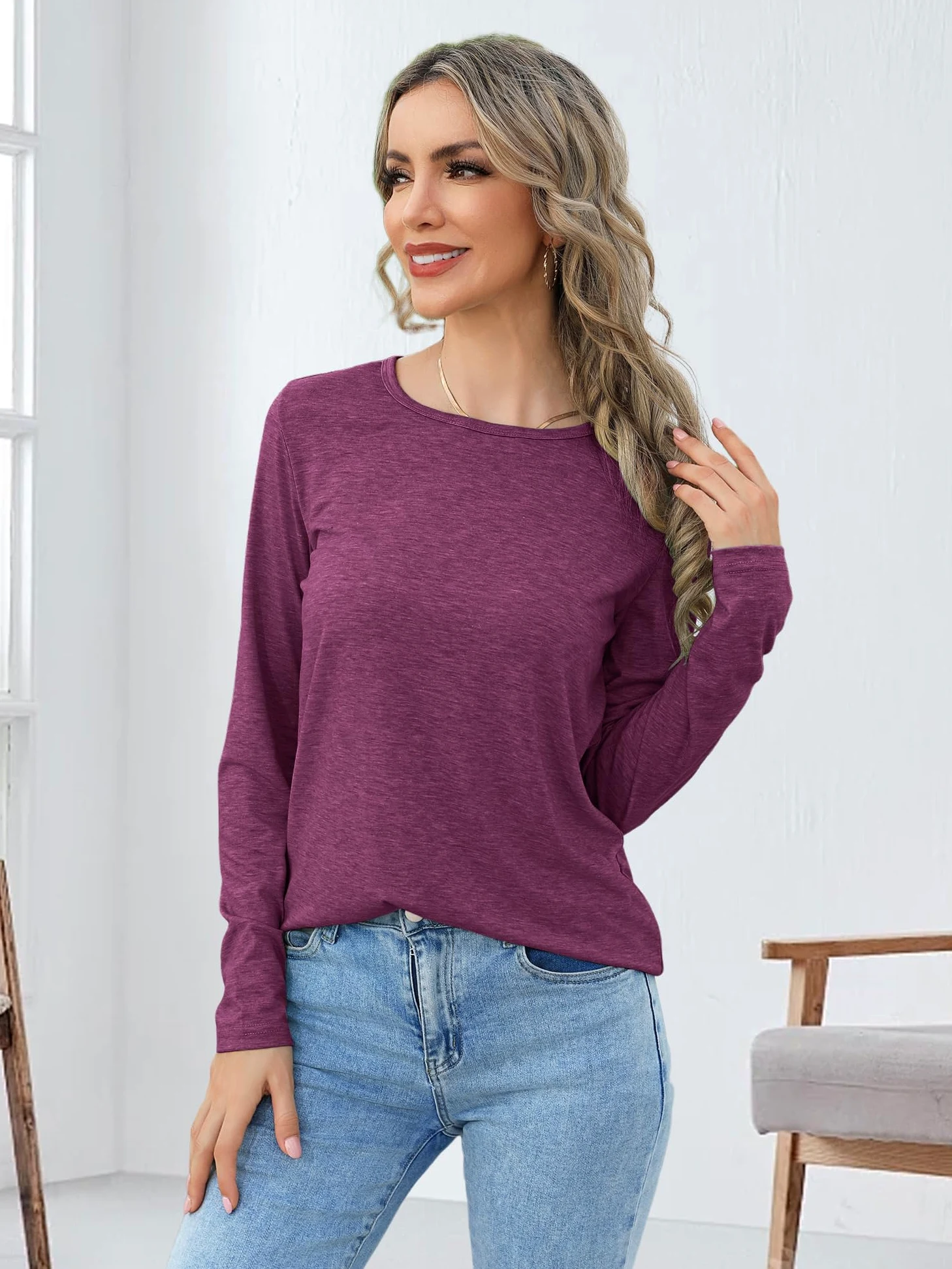 Camisetas de manga larga para mujer, con cuello redondo, básicas, camisetas casuales de primavera