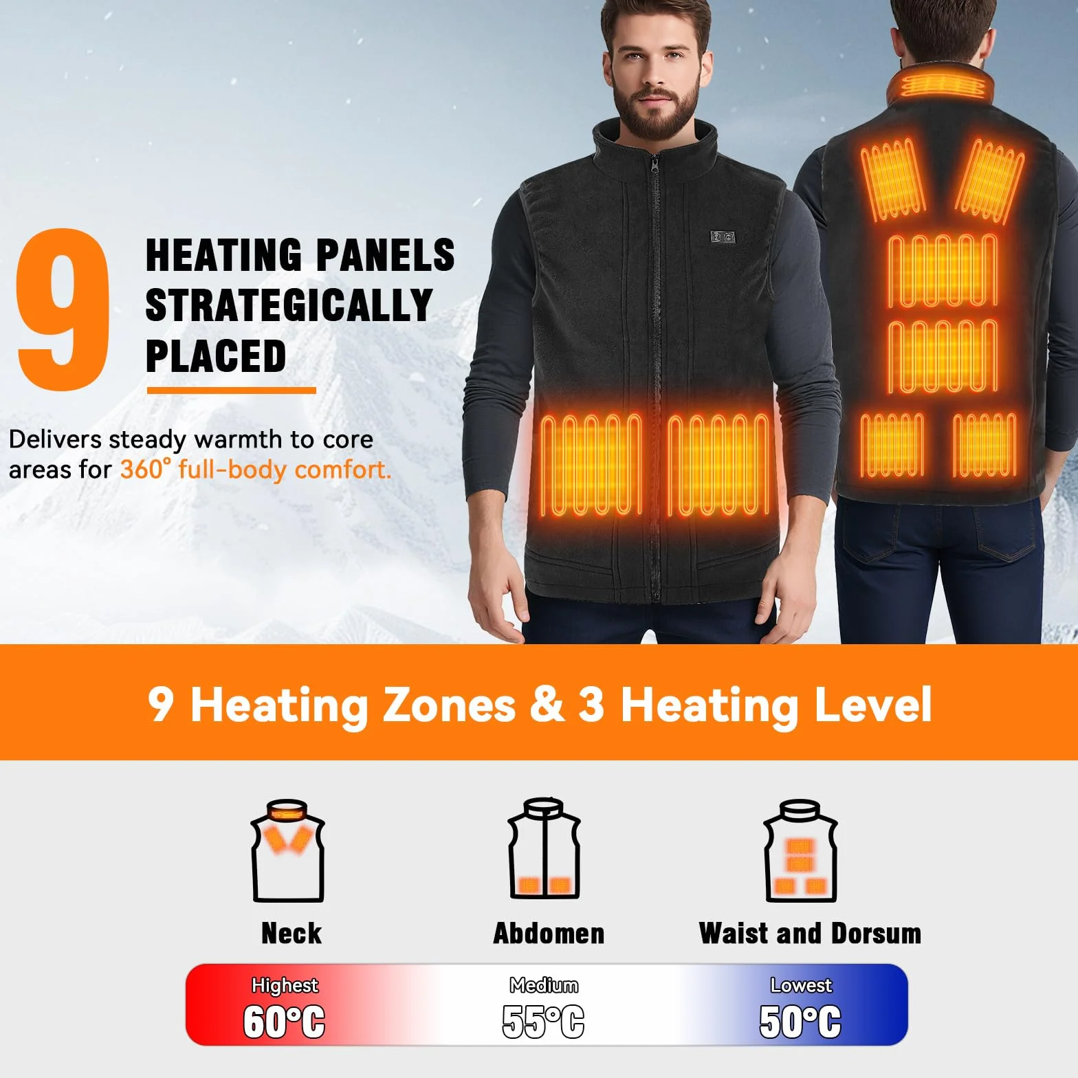 Tiazhan Chaleco Calefactable con Batería 16000 mAh, 3 Temperaturas Ajustables, Recargable para Esquí y Camping