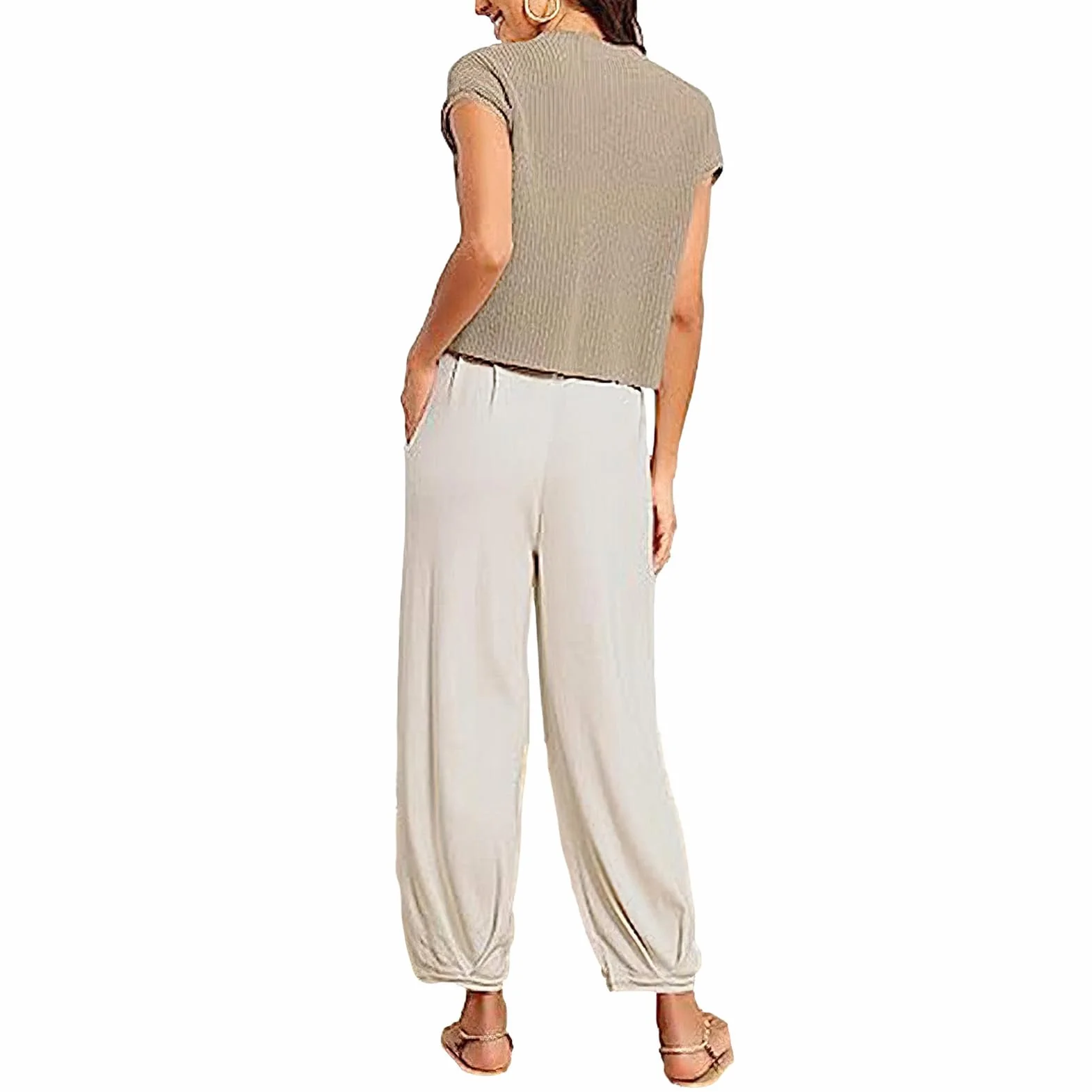 amropi Chándal de Mujer Conjunto de Punto Jersey Casual Manga Corta y Pantalón Jogging