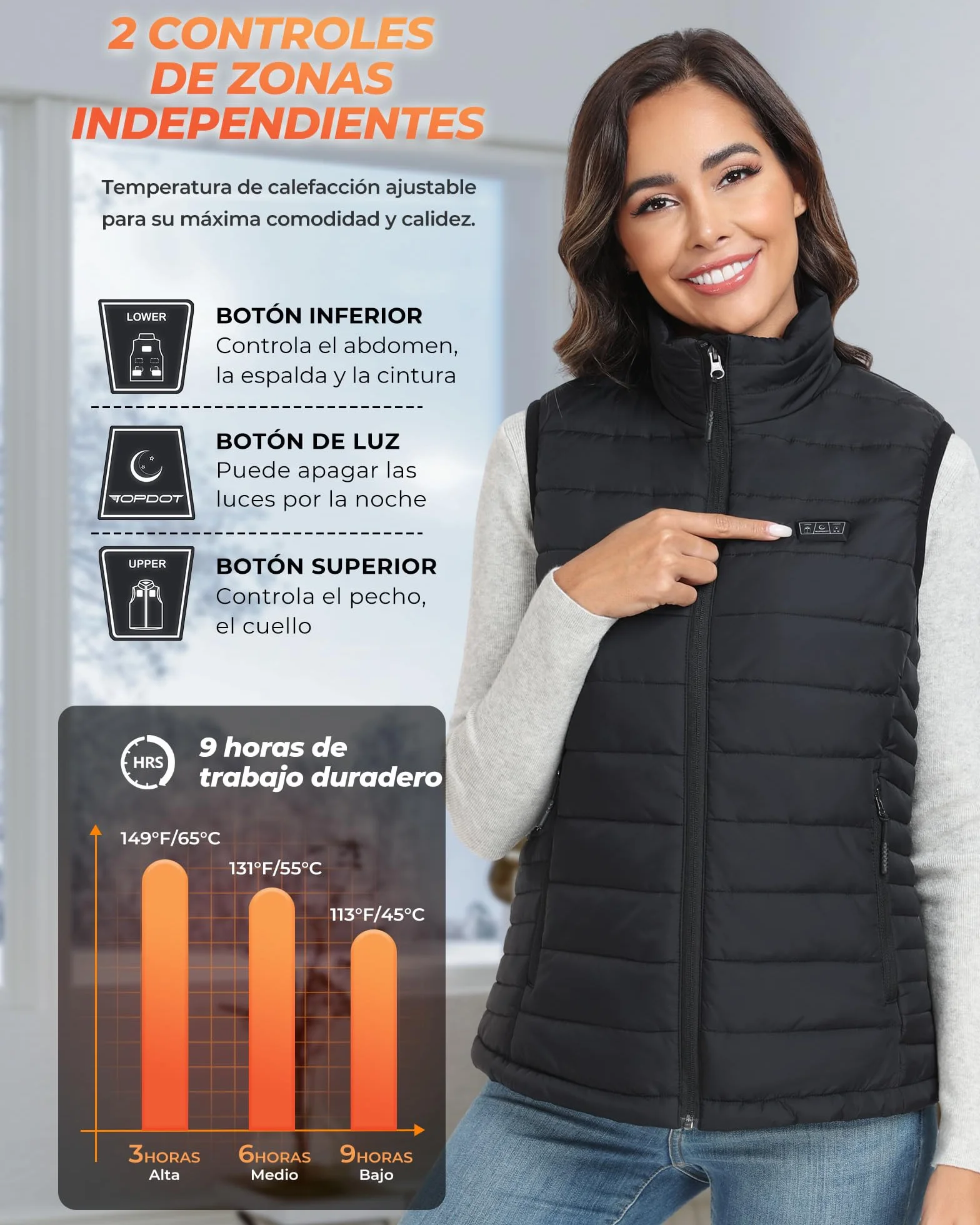 Topdot Chaleco Calefactable Mujer, 7.4V 16000mAh, 10 Zonas de Calentamiento, 3 Temperaturas