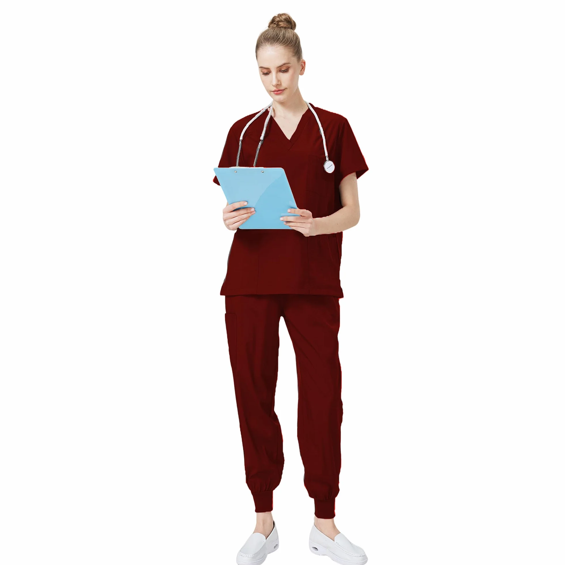 Conjunto Médico 2PCS Uniformes de Trabajo Médico Cuello en V Top de manga corta con 3 bolsillos Pantalones elásticos Secado rápido y absorbente del sudor DK05