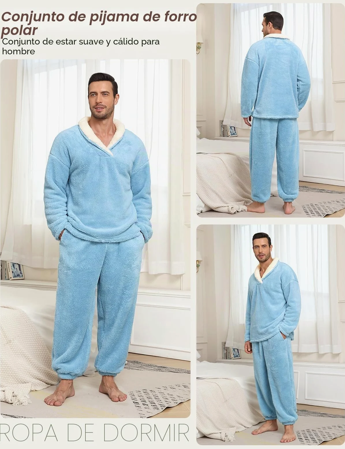 TOMEEK Pijama Hombre Invierno Largo Pijama Cálido Pantalones de Pijamas Hombre Conjunto de 2 Piezas Felpa Ropa de Estar por Casa Regalo