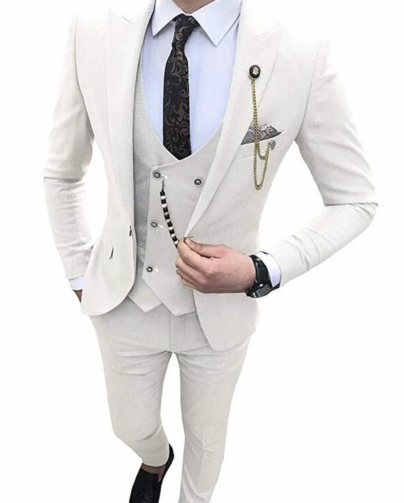 Traje de negocios de 3 piezas para hombre con solapa de pico y ajuste delgado para boda o hombre