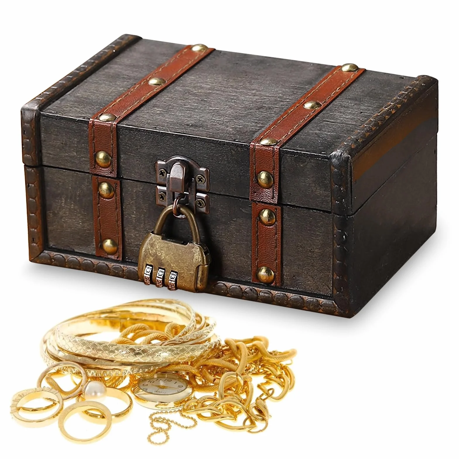 Cofre Pirata Caja Madera Vintage con Candado Numerico Almacenamiento Decoracion 16,7 x 11 x 8 cm