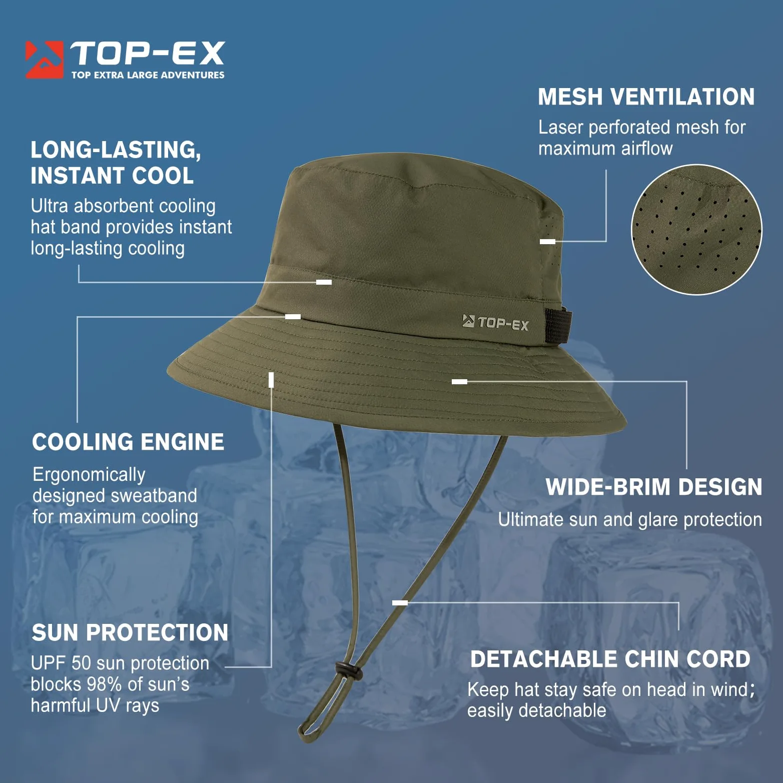 TOP-EX Sombrero de pescador refrescante para hombre, transpirable, protección UV, sombrero de sol para mujer, sombrero de verano al aire libre con ala ancha, sombrero de safari plegable