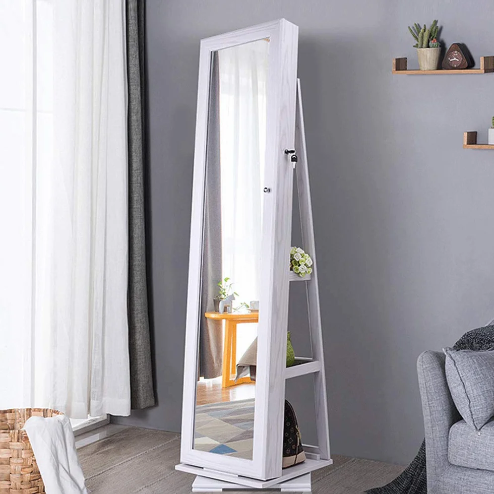 soges Armario Tocador con Espejo de Pie - Compartimento con Llave, 160 cm Altura, 360° Giratorio • Ideal para Joyas, Cosméticos y Bolsos • Perfecto para Dormitorio y Vestidor, Blanco