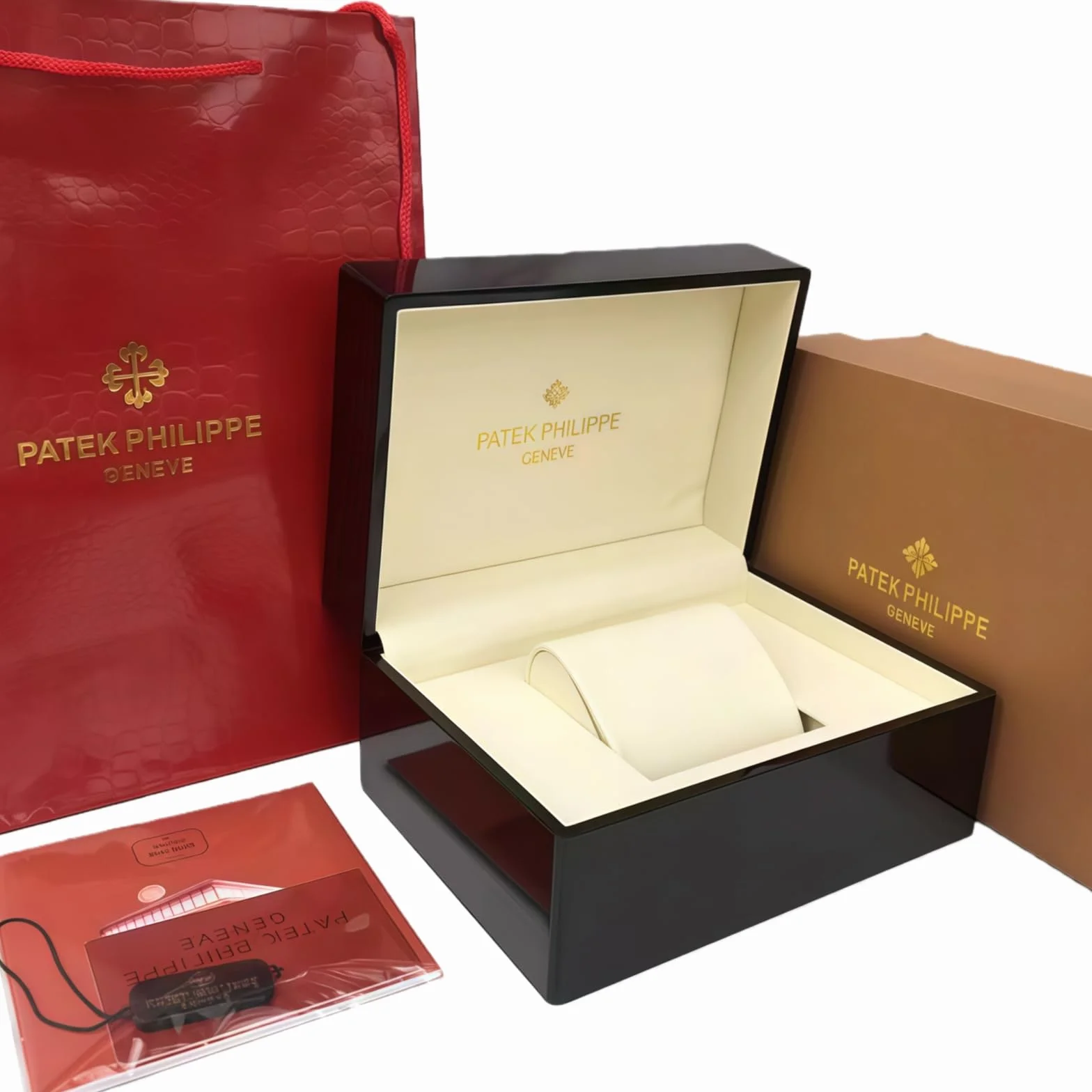 Patek Philippe Caja Reloj Madera Caoba Oscura Lacado Piano Alto Brillo Interior Cuero Crema Estuche Almacenamiento Lujo