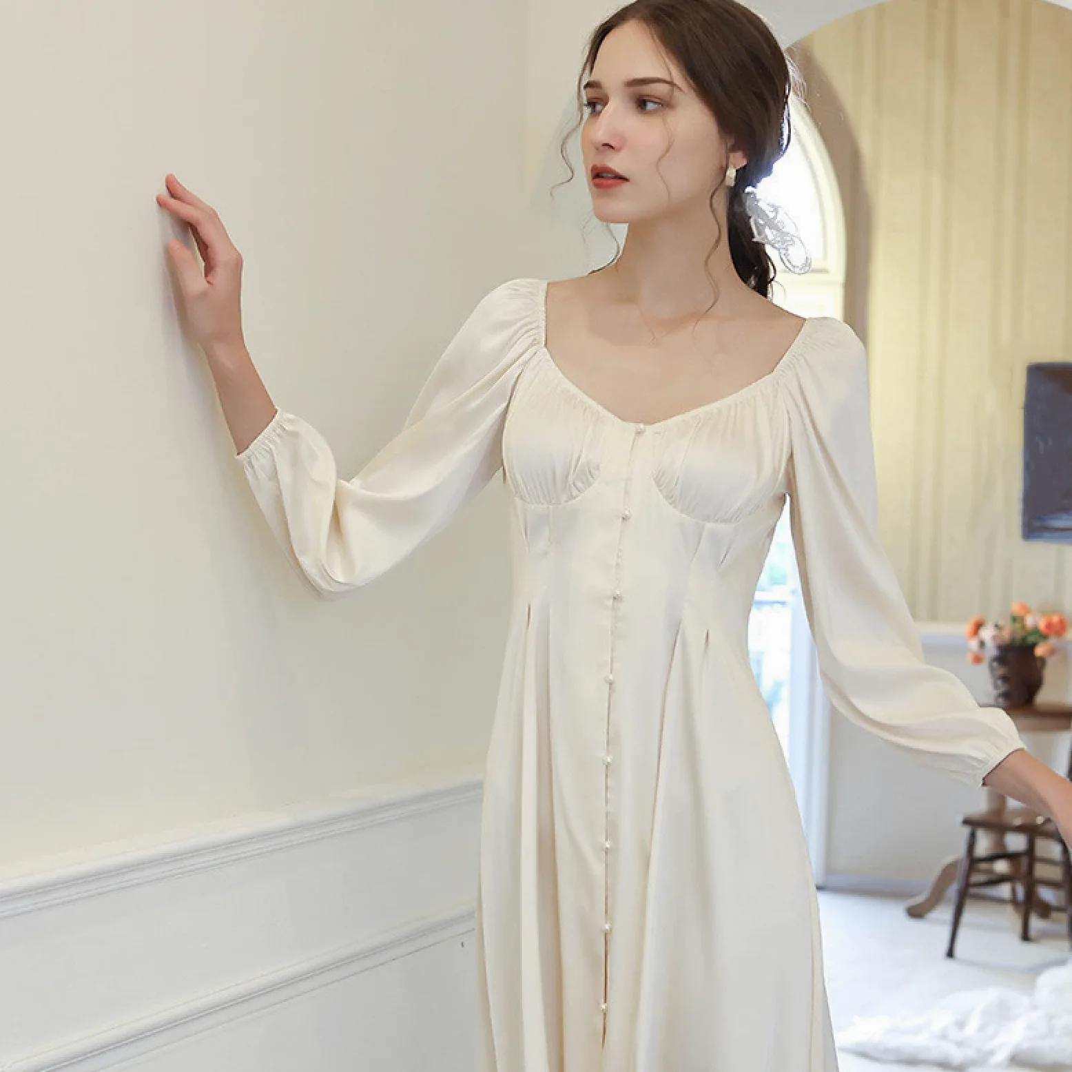 OFFSUM Camisón De Pijama De Mujer Sexy Cuello En V Primavera Verano Camisón De Satén Cuello Cuadrado Color Sólido Ropa De Dormir Cómoda