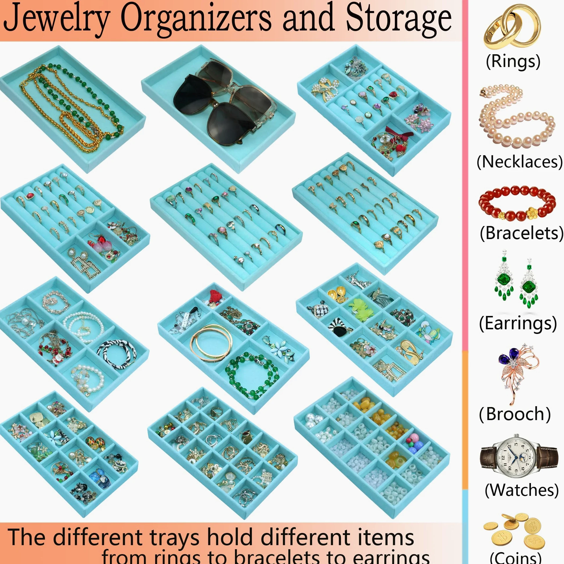 12 bandejas de terciopelo para joyas, organizador de joyas, collares, pulseras, pendientes, anillos, broches, relojes, color azul