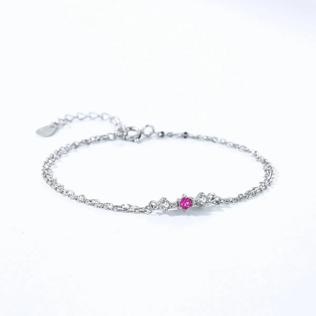 KnSam Pulsera de oro auténtico de 9 K/14 K/18 K para mujer, pulsera de eslabones de doble capa con turmalina rosa rojo, laboratorio creado en laboratorio, brazalete de diamante blanco y oro Au 375/585