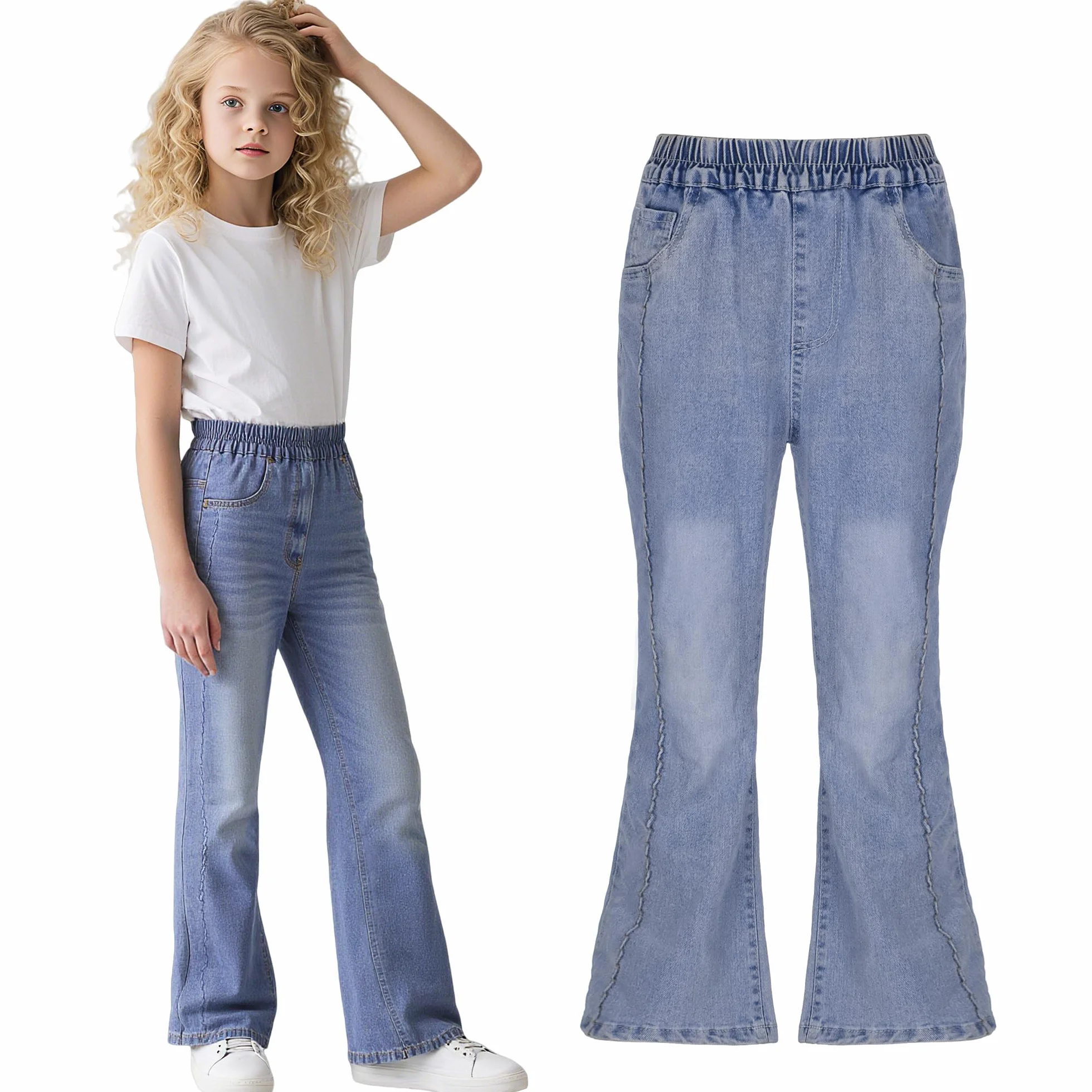 Vaqueros para Niñas, Baggy Cintura Elástica Denim Jeans Pierna Ancha Pantalones Azul Largo Jean con Bolsillos Casuales Moda Streetwear Junior Ropa Infantil Pants para 6-15 años