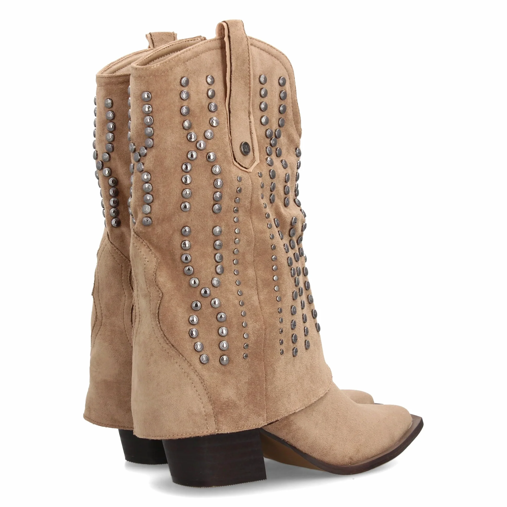 Botin Cowboy para Mujer con Diseno campero. Tachuelas metalicas, Punta Fina y Tacon. Ideal para la Temporada Otono Invierno.