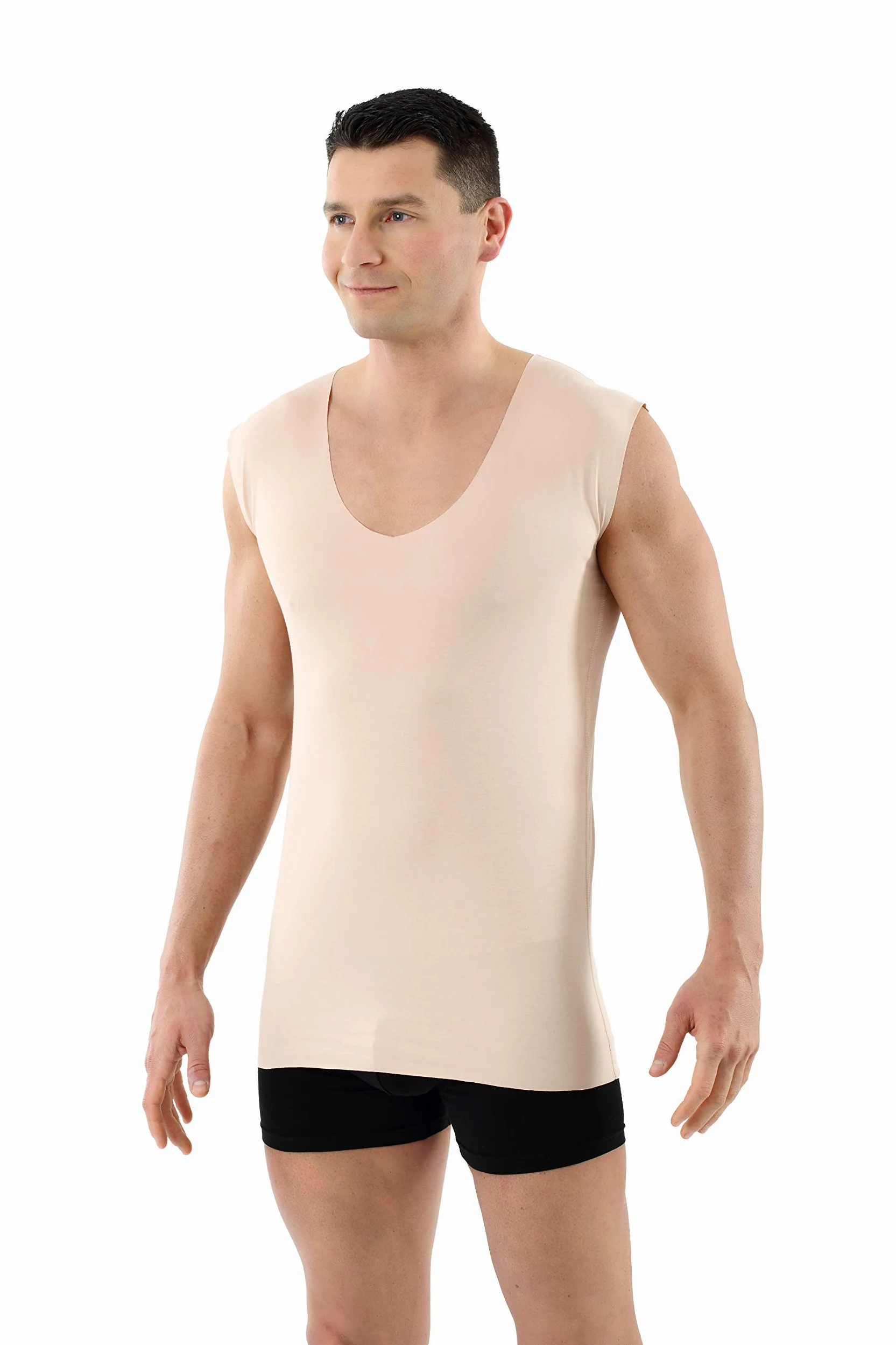 ALBERT KREUZ Camiseta Interior Invisible sin Mangas en Tejido algodón Elastico Clean Cut sin Costuras con Cuello en V Profundo Color Piel