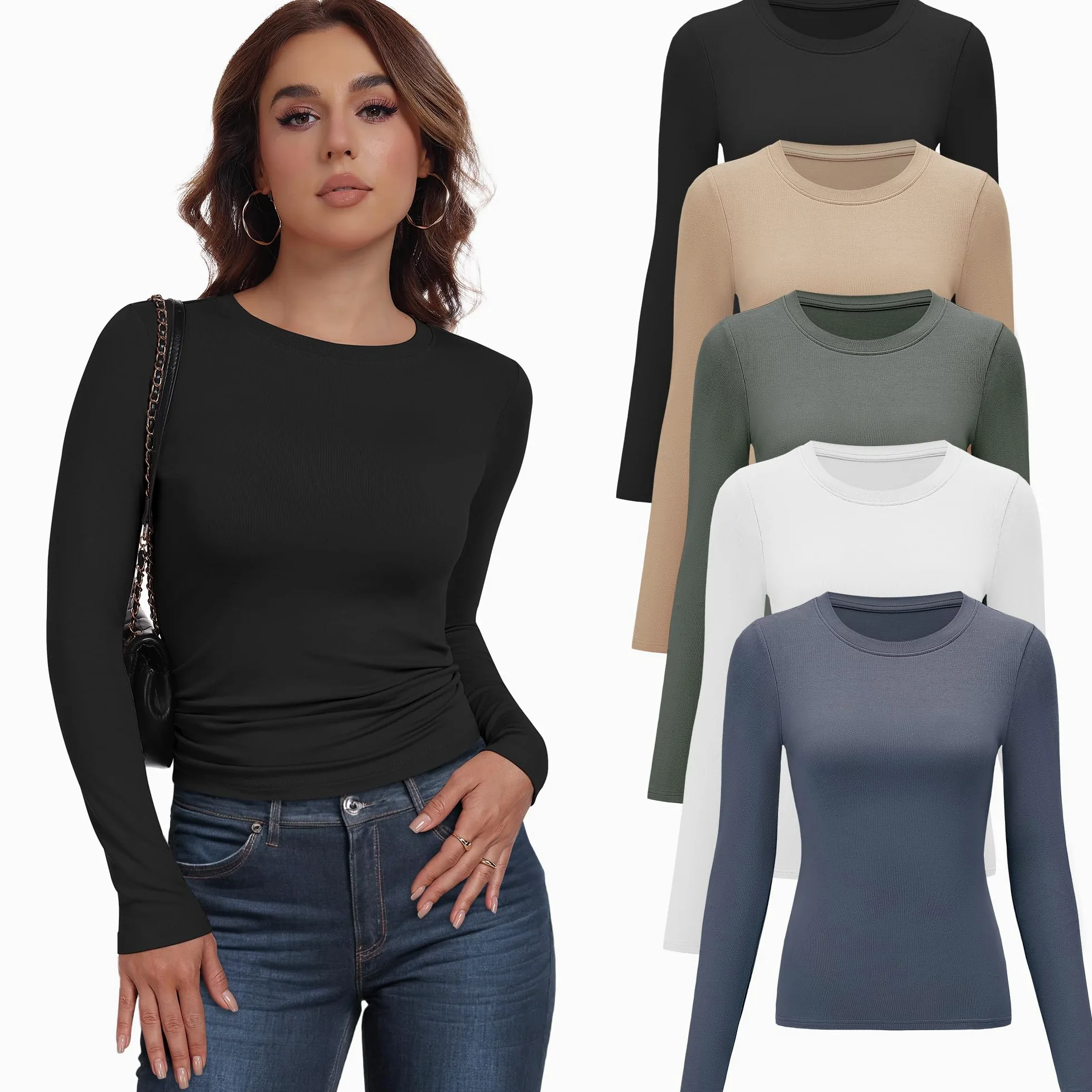 Camiseta Manga Larga Mujer Básica Ajustad Tops Cuello Redondo 5Pcs | Transpirablea Elástico.Ideal para yoga,oficina,viajes,citas & diario.4-way stretch,antiarrugas & no desteñir