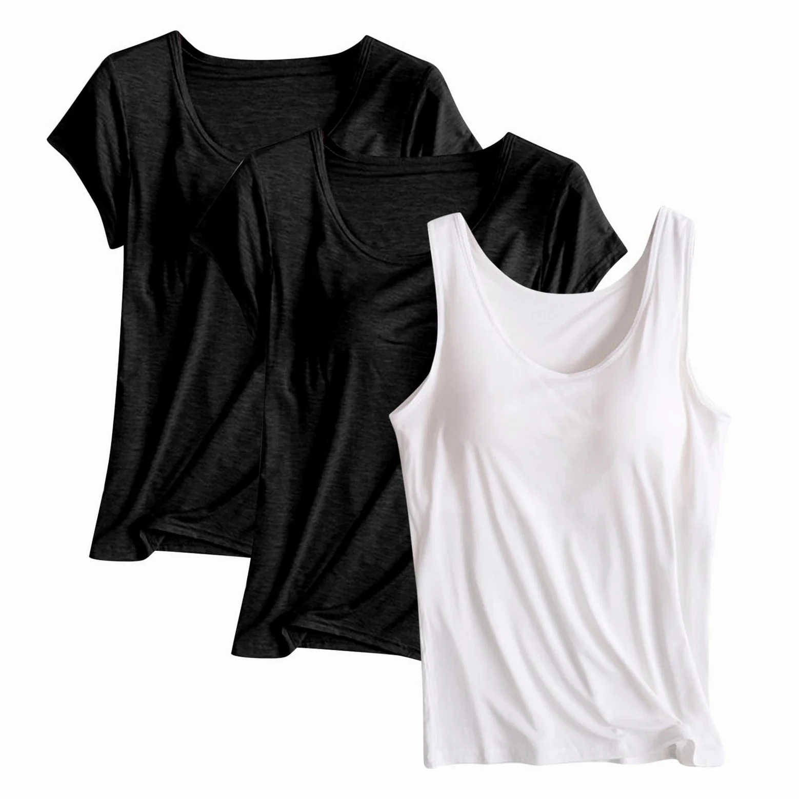 HAOLEI Top Mujer,3 Piezas Camiseta Mujer y Camisetas Tirantes Mujer Cuello Redondo Color Sólido Ropa Interior Tirantes con Almohadilla de Pecho Suave y Cómoda Tank Tops Ropa Mujer Verano 2025