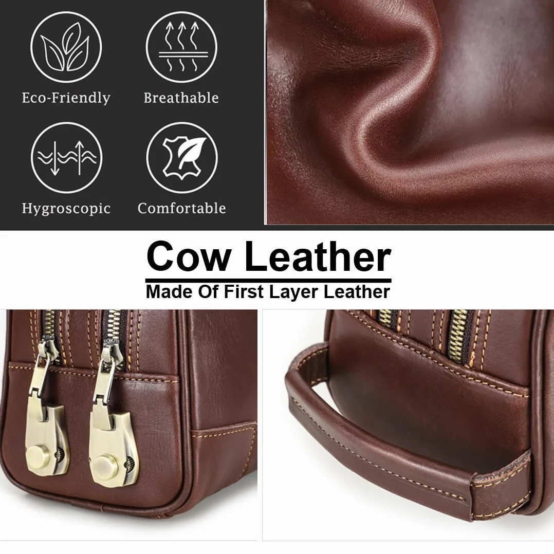 RC ROCKCOW Bolsa de aseo con cerradura codificada, para hombre, de piel auténtica, kit de afeitado, antirrobo, cartera de negocios, organizador de bolso de mano, Café, Cerradura codificada