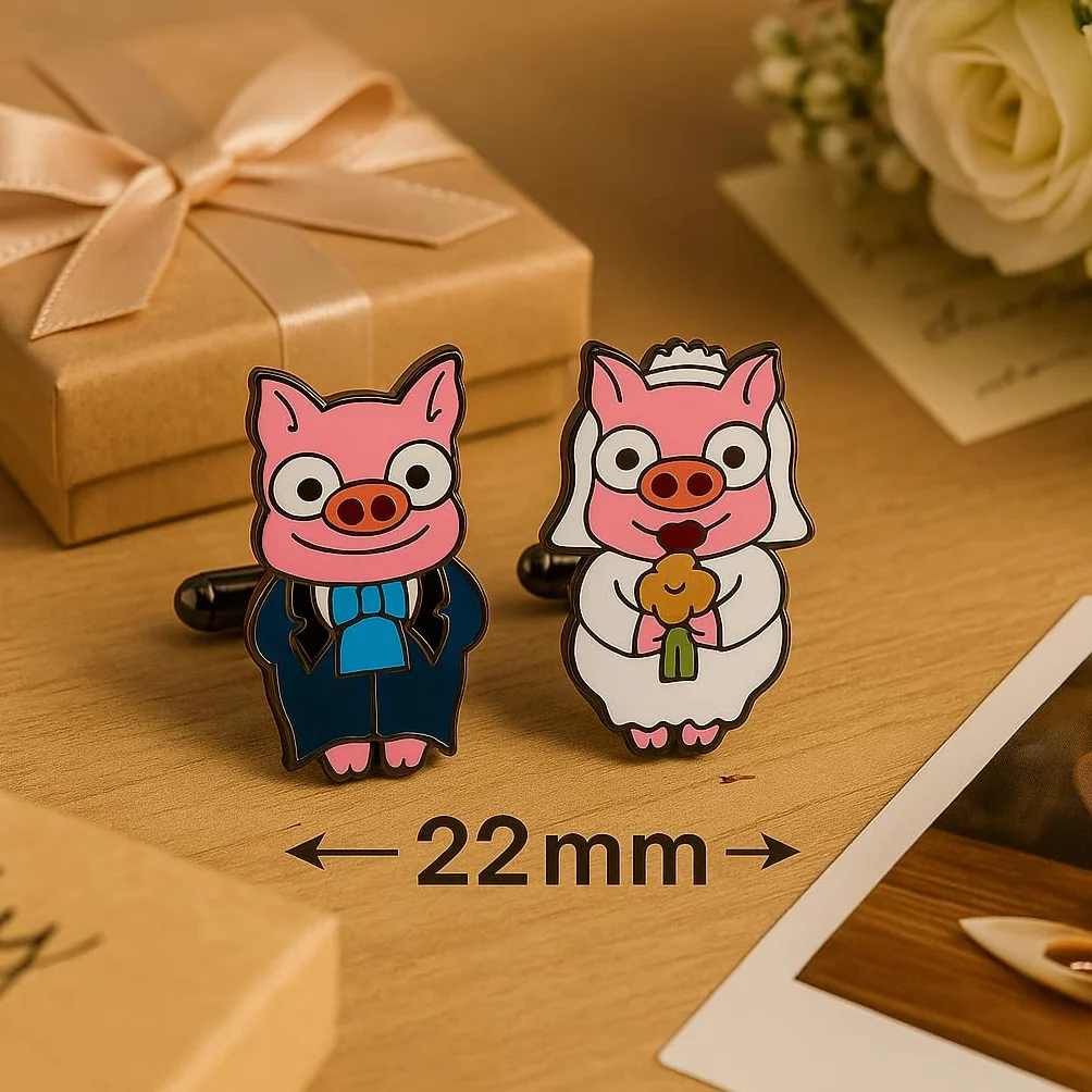 Gemelos de Cerditos Novio y Novia para Camisa Formal | Diseño divertido de pareja de cerdos para bodas, eventos formales, celebraciones, trajes y camisas elegantes