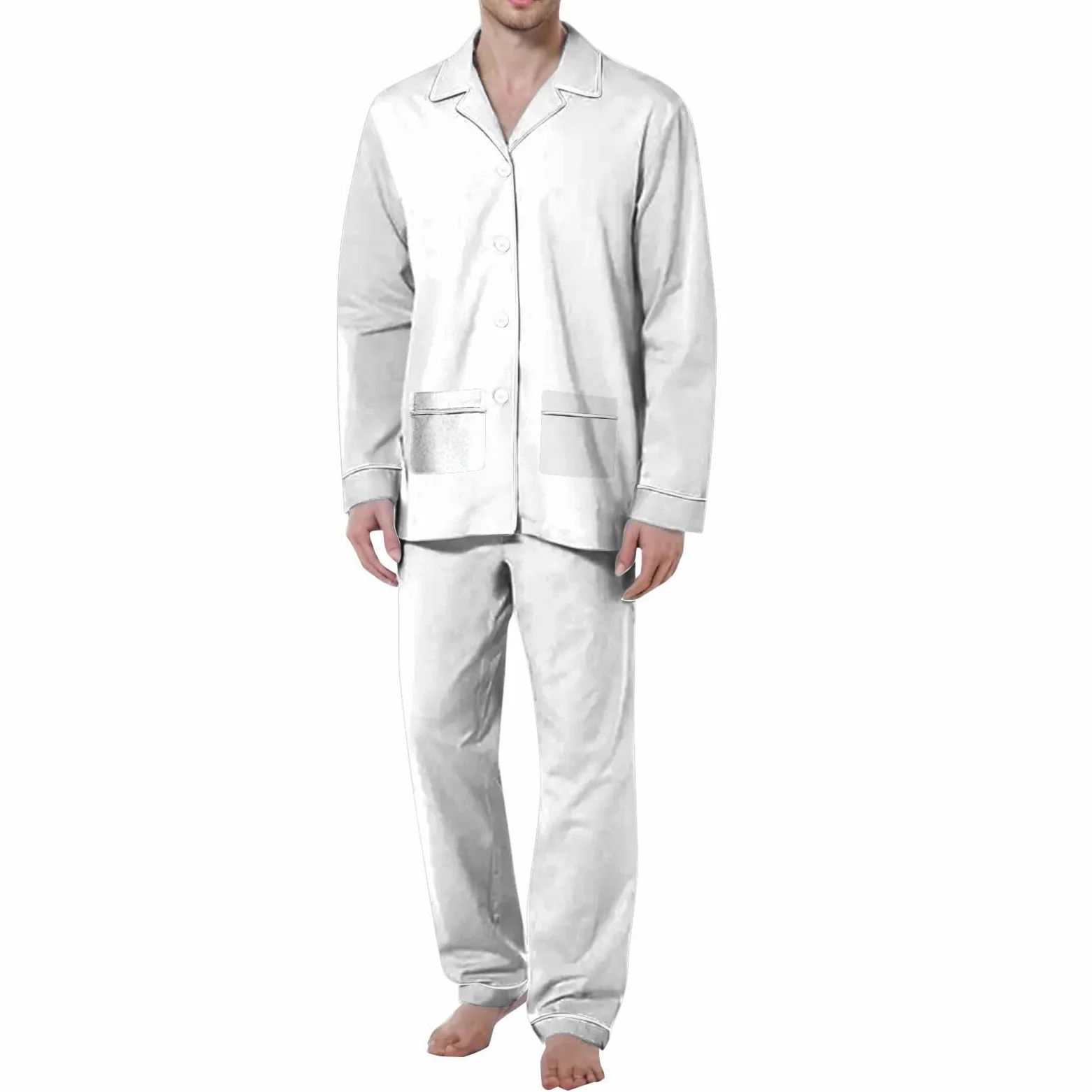 Pijama de franela para hombre, juego de pijama largo de dos piezas, ropa de dormir con bolsillos, pantalones de pijama + camiseta larga, conjunto de pijama con botones, con botones