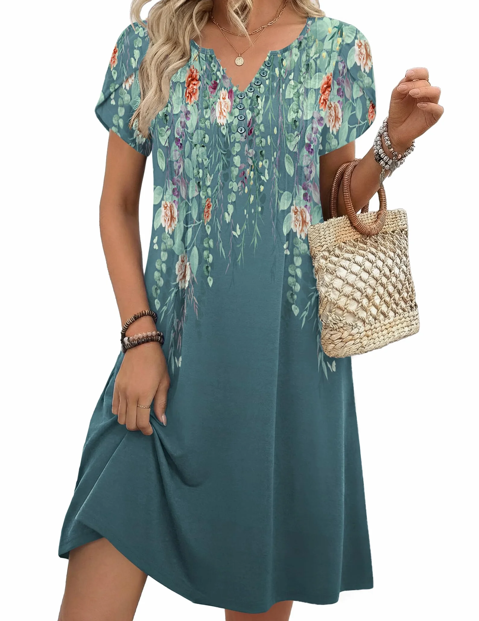 Zeagoo Vestidos Verano Mujer Manga Corta Escote en V Túnica Flores Midi Casual S-XXL