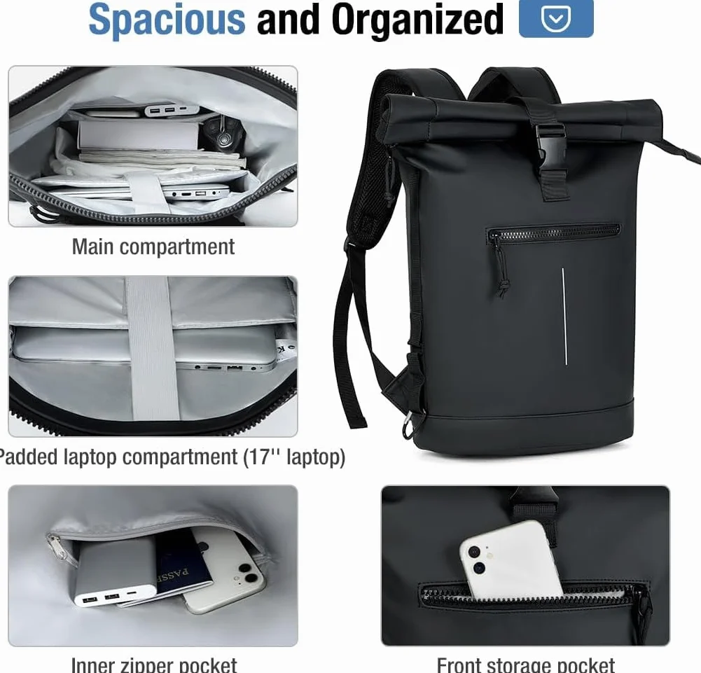 Lekeinchi Mochila Enrollable para Hombre, Mochila Impermeable Mujer para Portátil 17 Pulgadas, Elegante mochila de Viaje Mochilas tipo Casual para Viajes, Ciclismo, Escuela Uni, Negro