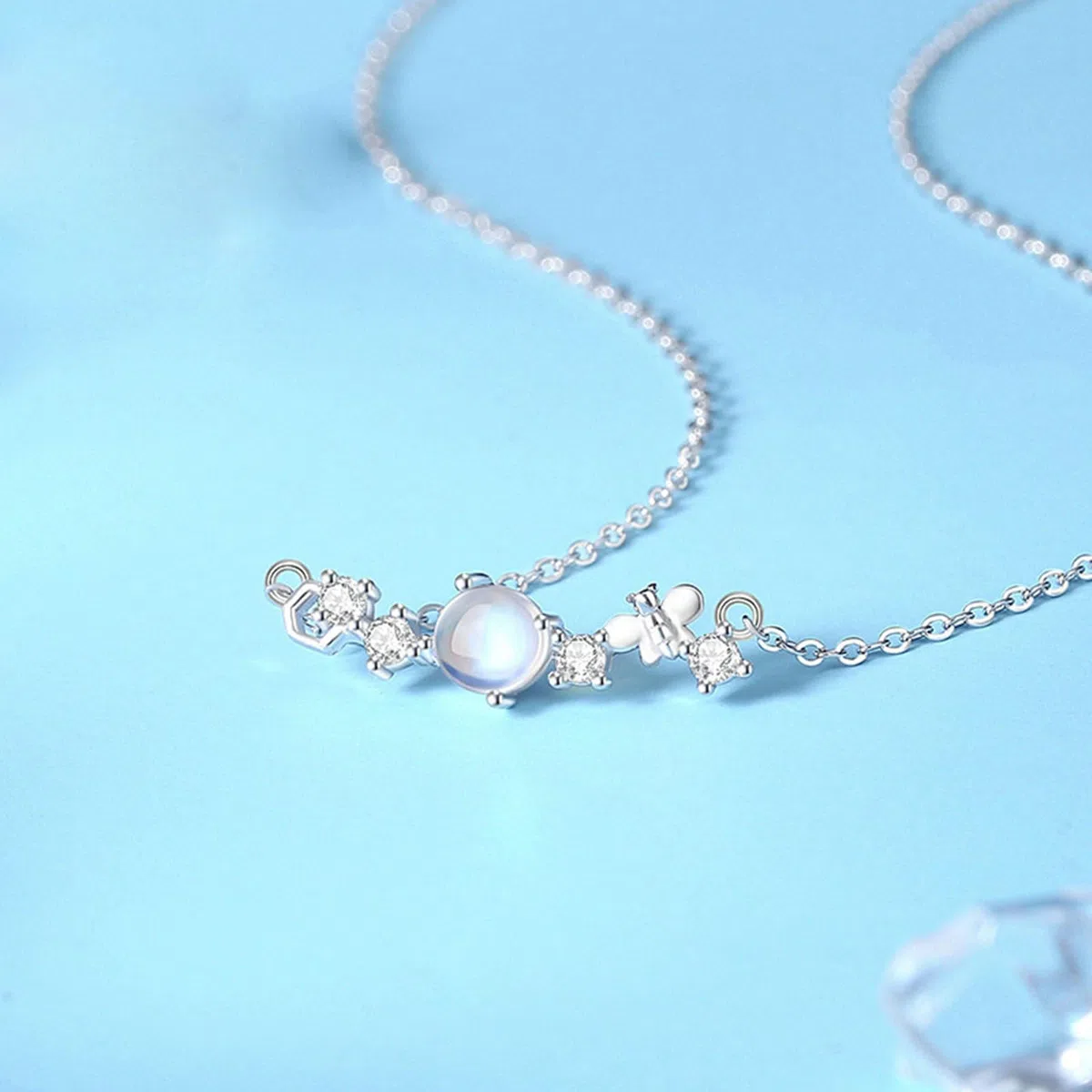 Collar con colgante para mujer de oro blanco 750 585 375, colgante de piedra de luna y abeja con diamante de oro blanco, cadena para mujer, 45 cm, sin níquel