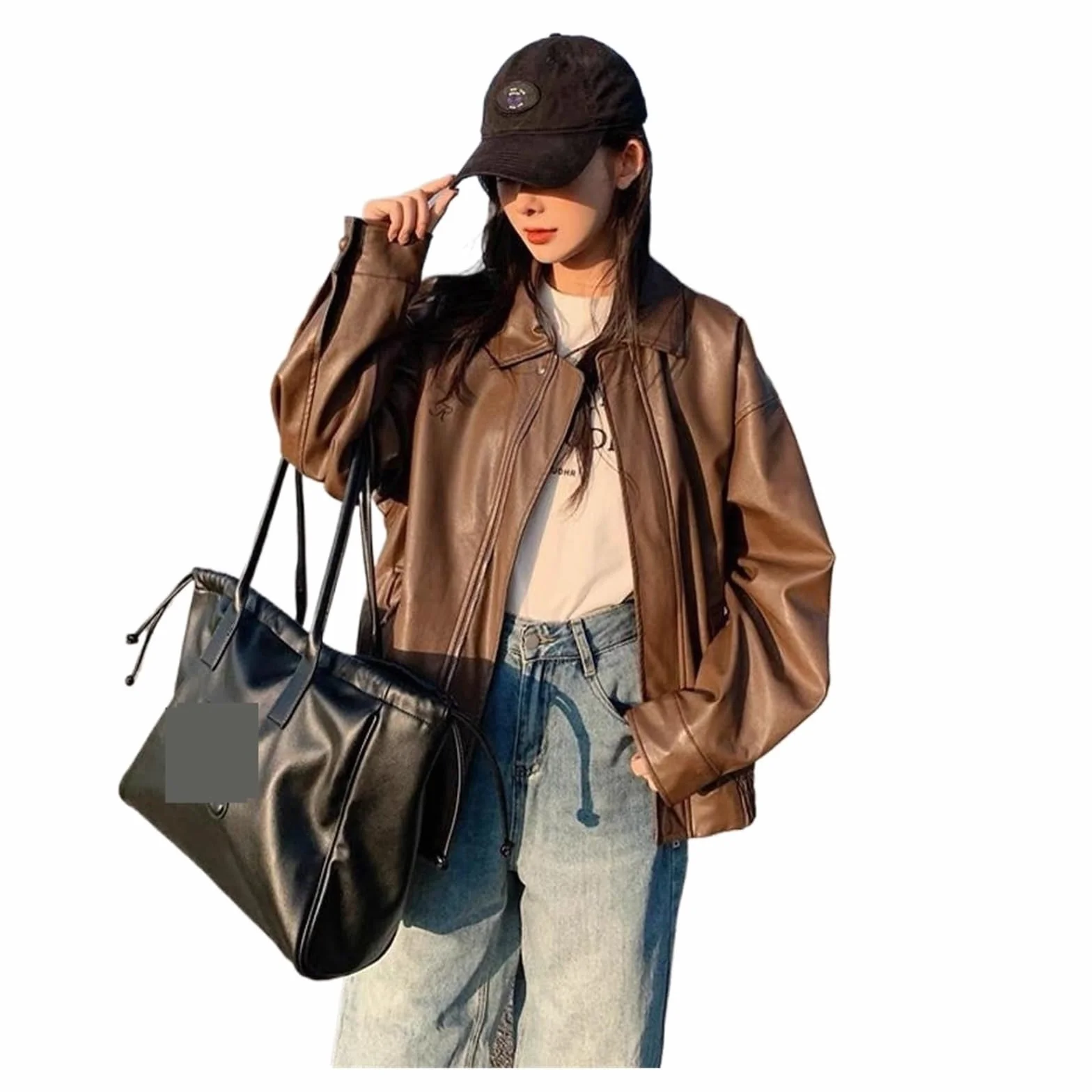 Chaqueta Cuero Mujer Women's Spring Autumn High Loose American Retro Motorcycle Top Para salir