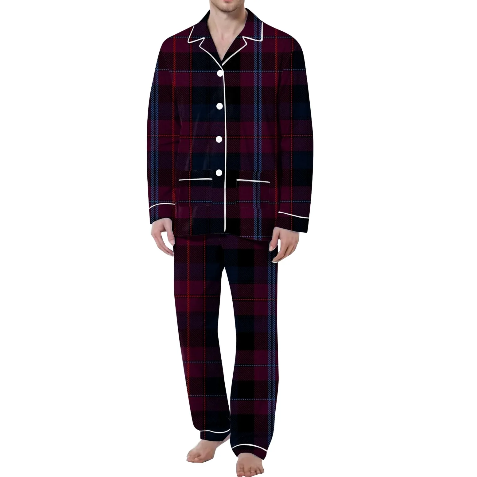 Generisch Pijama largo de invierno para hombre, conjunto de 2 piezas, ropa de dormir básica, pijamas y pantalones, tira de botones, juego de pijama de dos piezas
