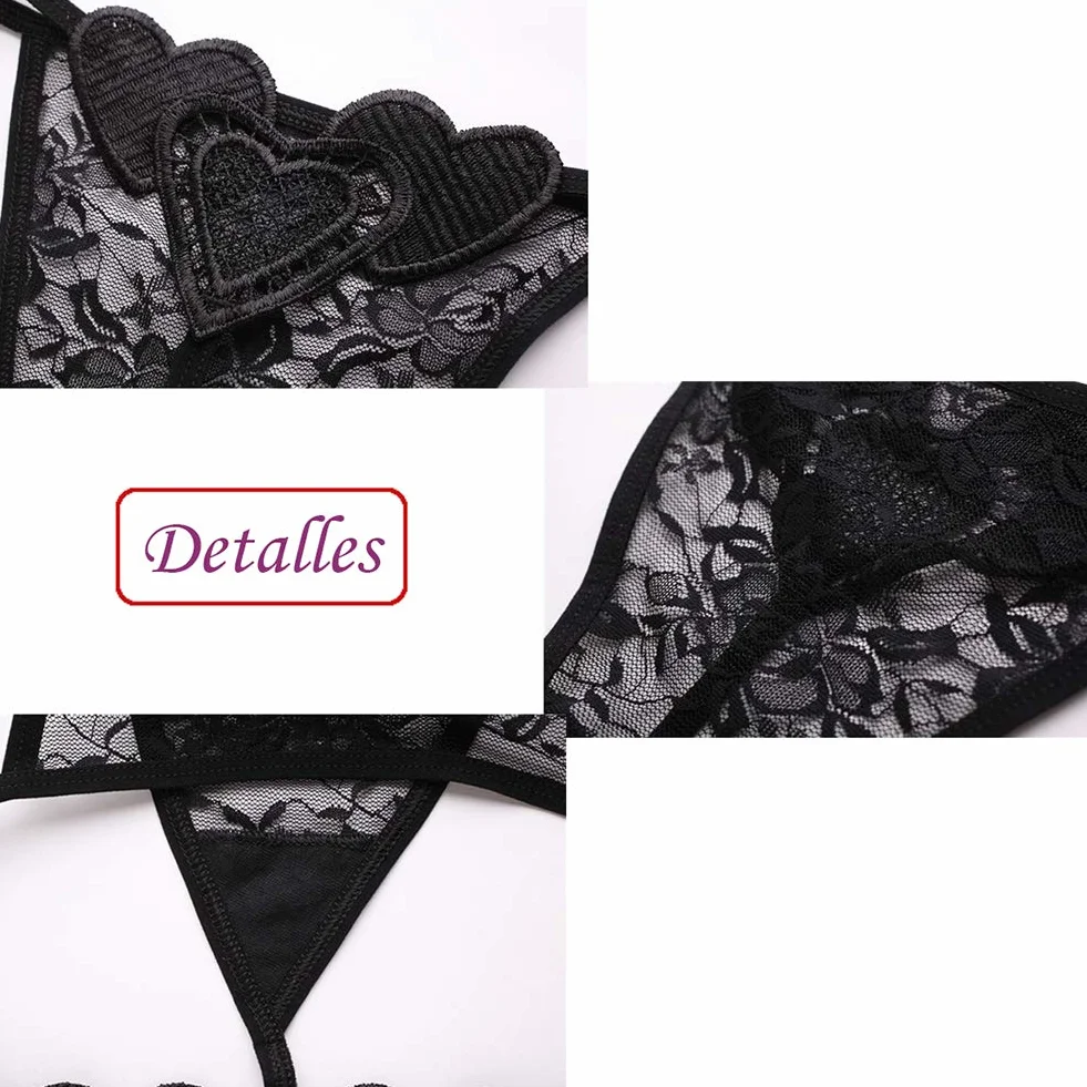 VicSec 4 Pack Braguitas Sexy Encaje Fina Tanga G-String Lencería Interior Espalda Decora Corazon Talla Única (Negro Blanco Rojo Azul)