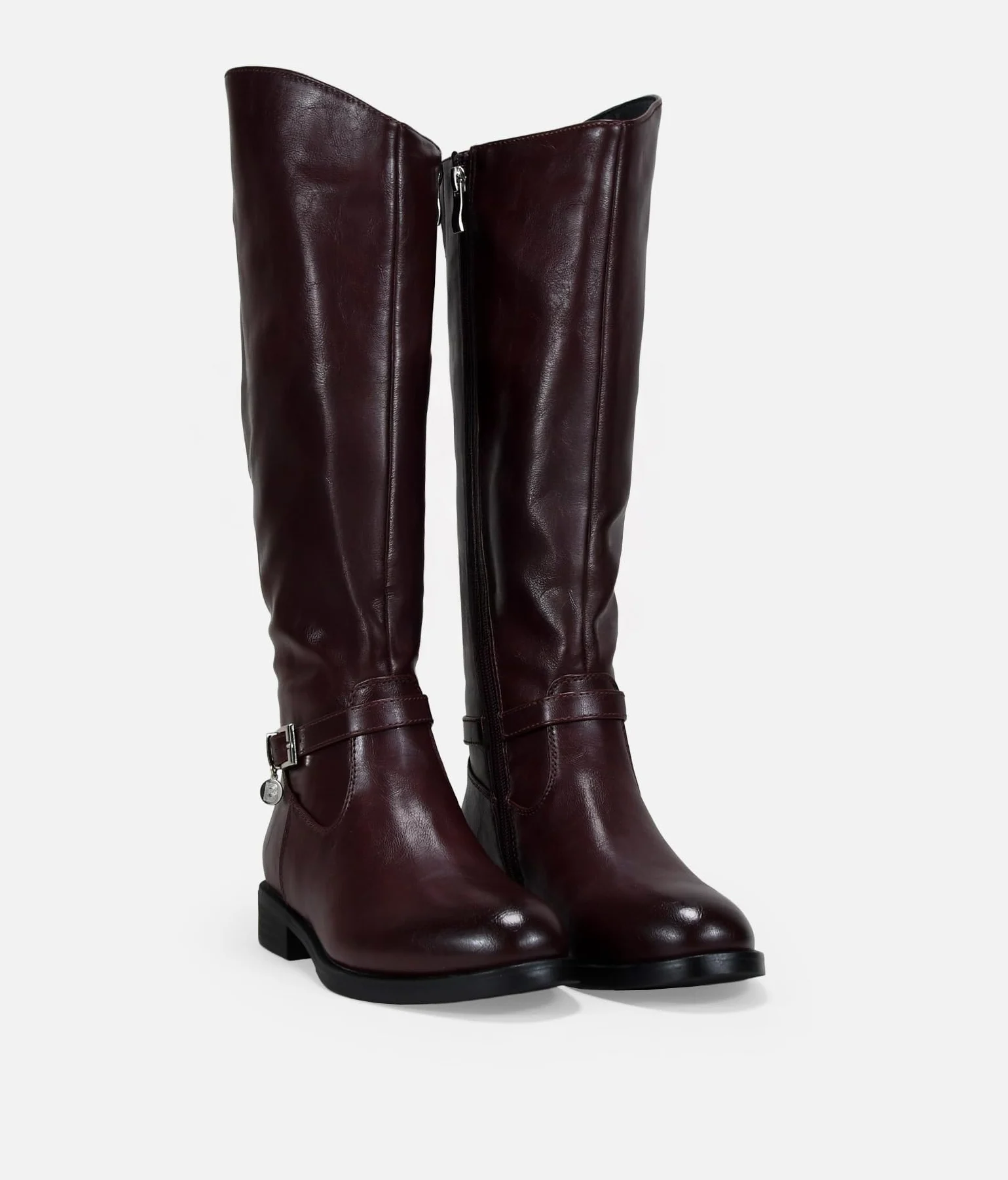 BOSANOVA Botas Altas Planas para Mujer Estilo Bota de Montar con Detalle de Tira con Hebilla metálica y Suela Plana Redonda. Cierre con Cremallera. Calzado para Mujer